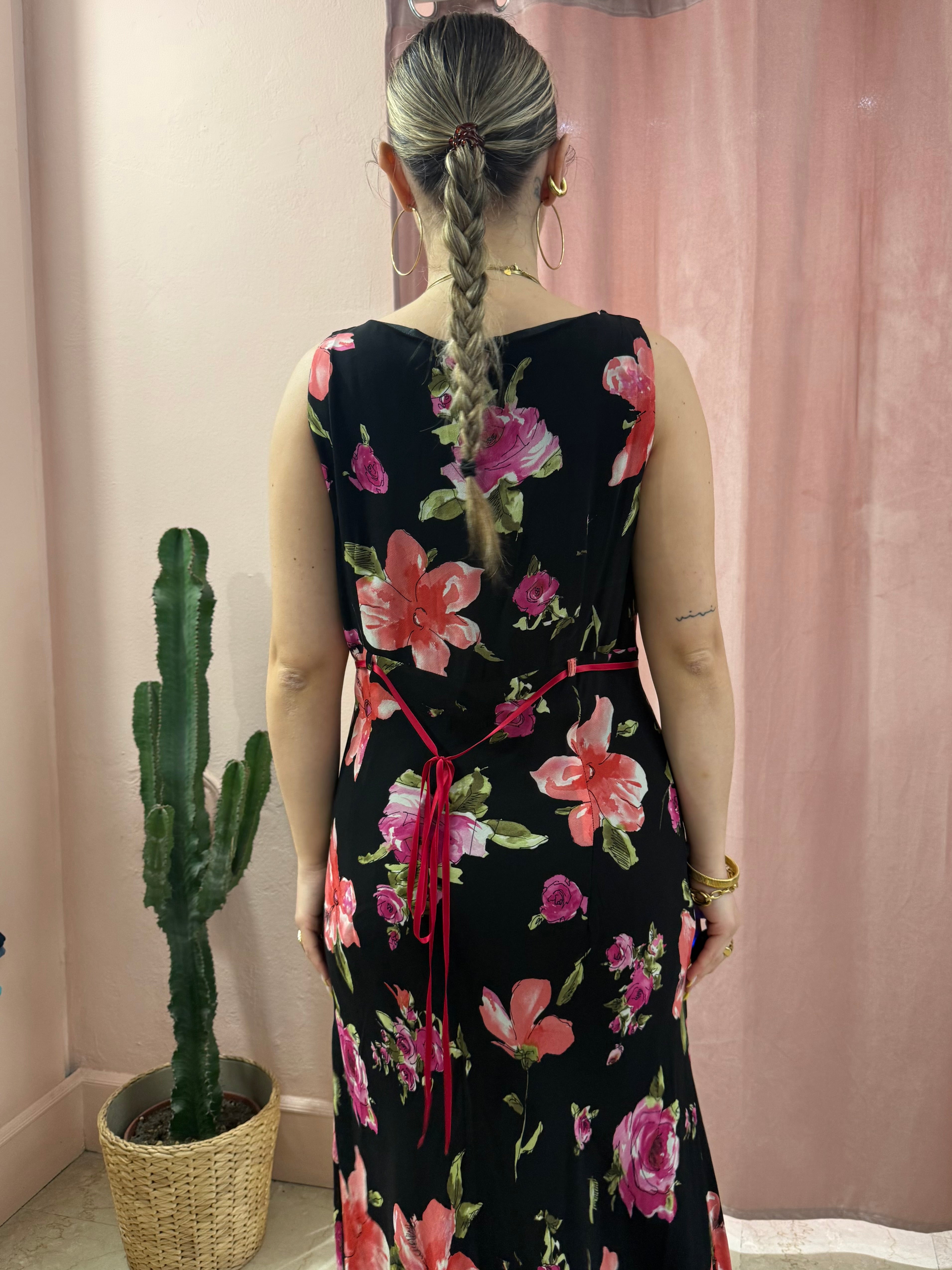 Maxi vestito nero fantasia a fiori