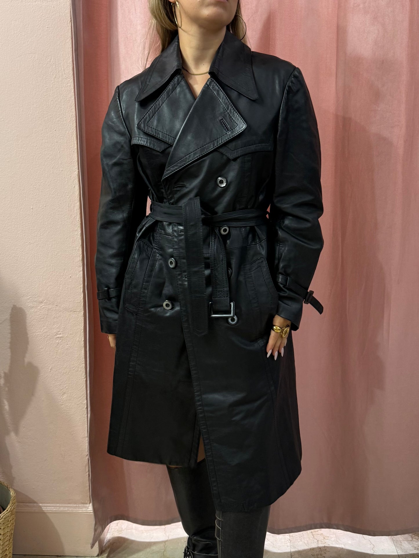 Trench lungo in vera pelle nero