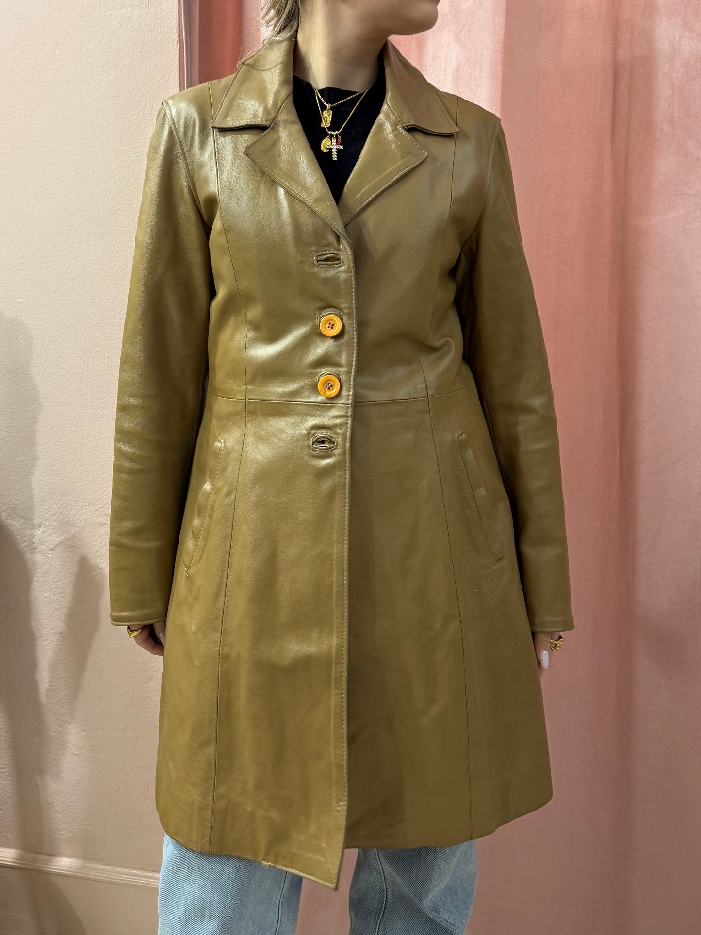 Giacca lunga in pelle color biscotto