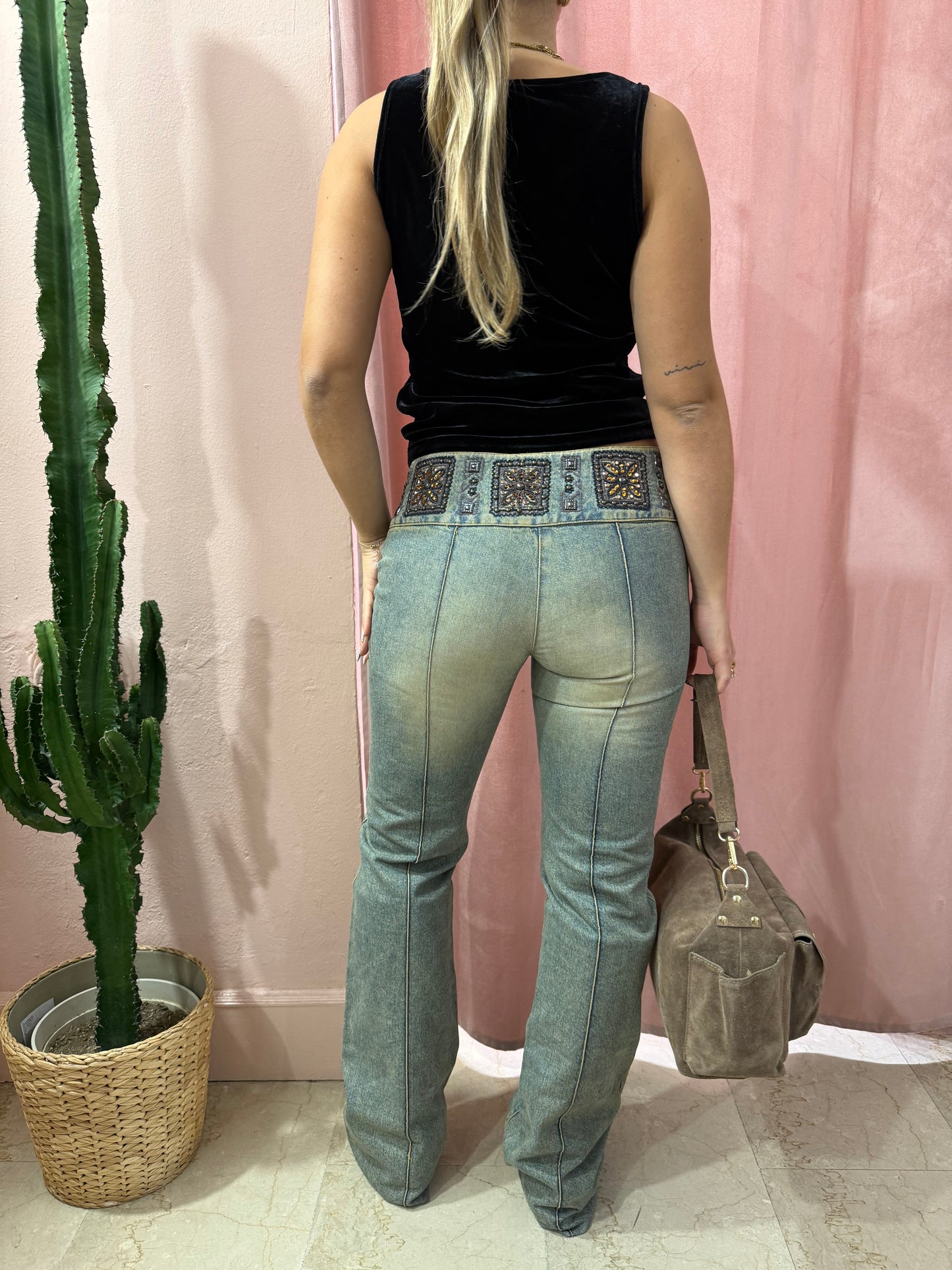 Jeans y2k vita bassa con ricami