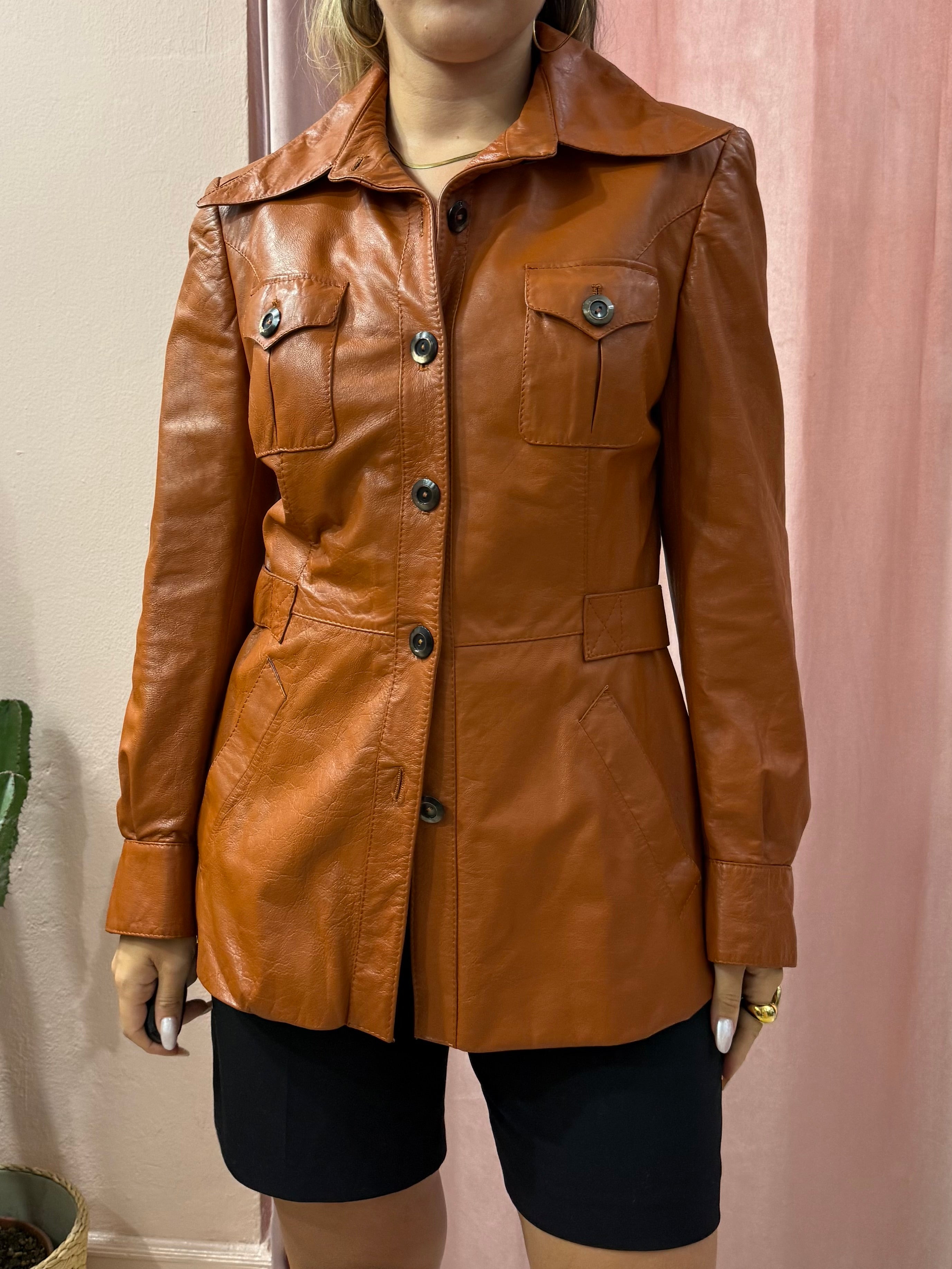 Giacca lunga in pelle mattone