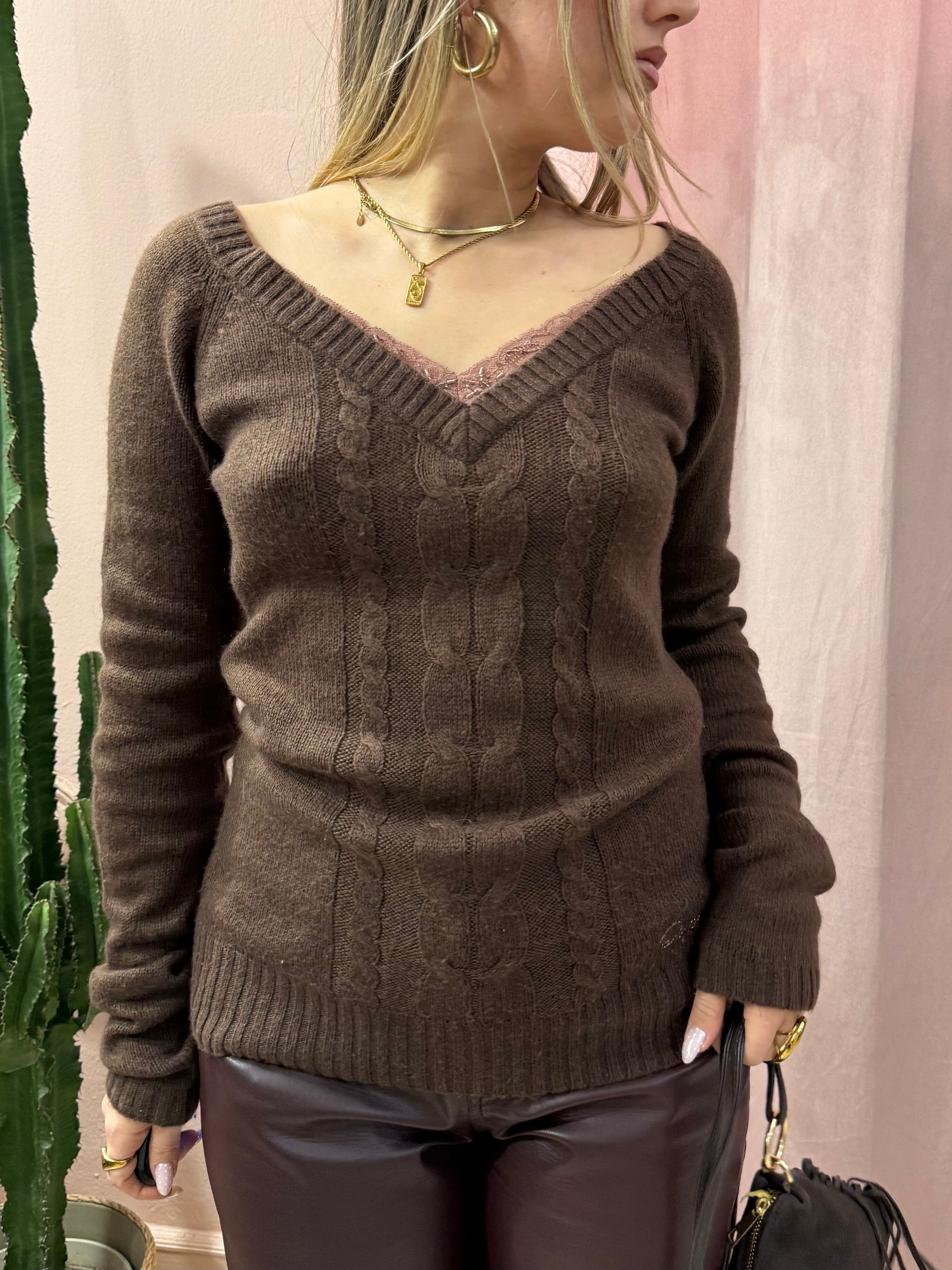 Maglia lunga in lana con dettaglio in pizzo