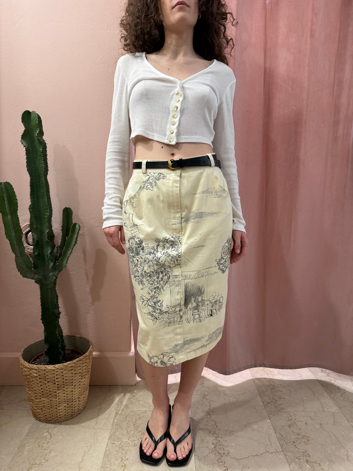 Gonna vintage midi con fantasia disegnata
