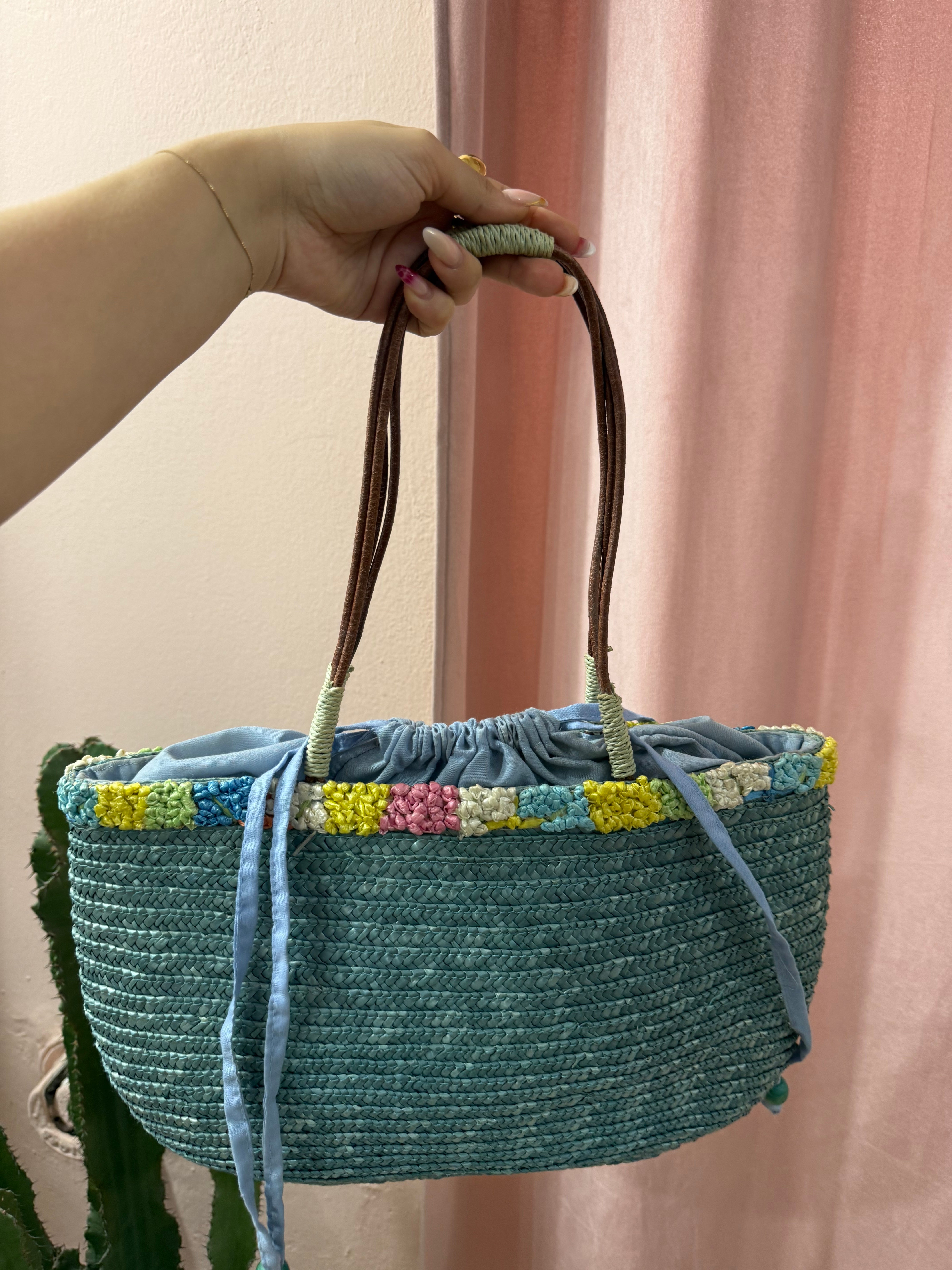 Borsa vintage in paglia azzurra