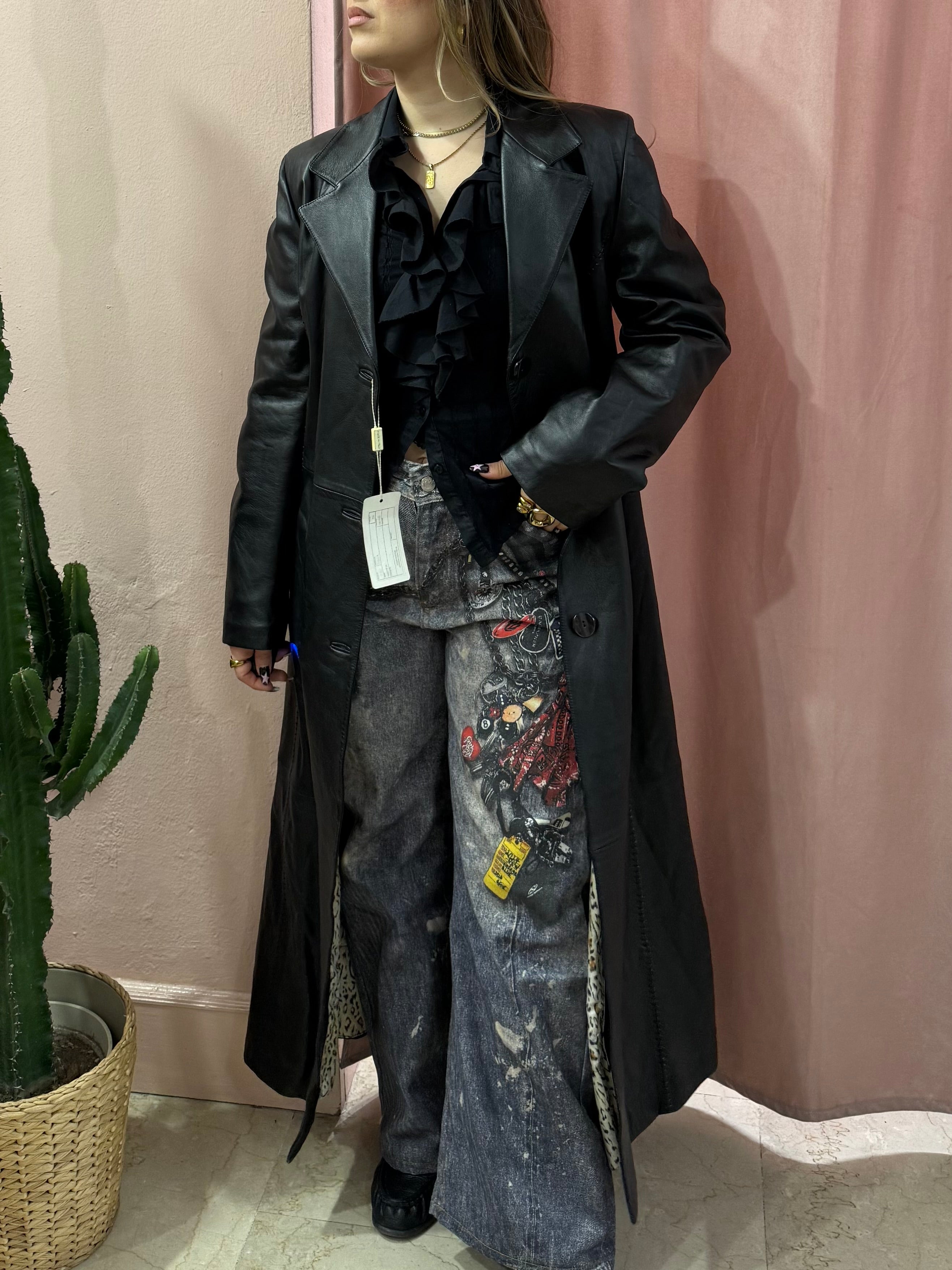 Trench lungo nero in pelle