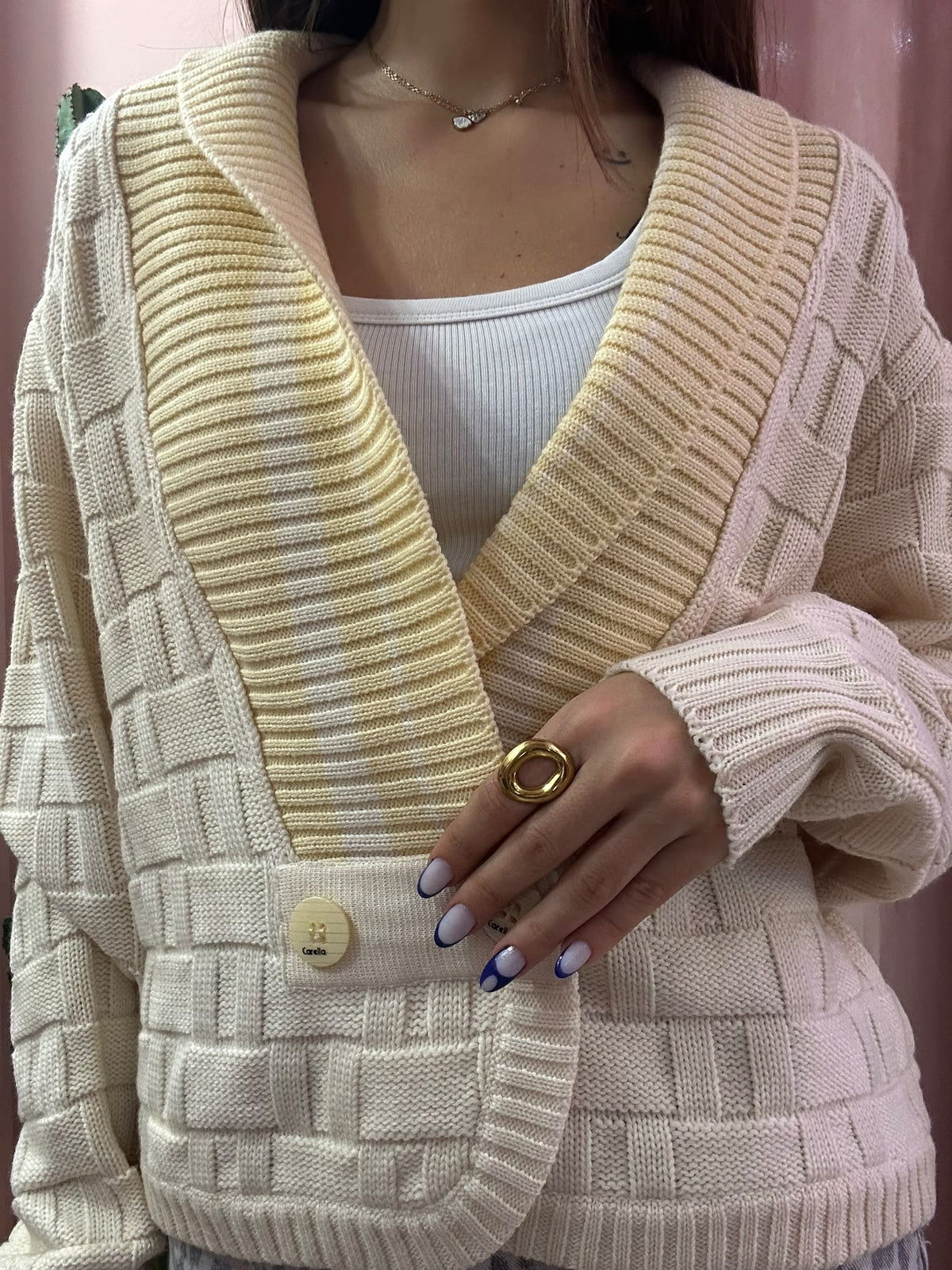 Cardigan vintage doppiopetto con inserti giallo burro