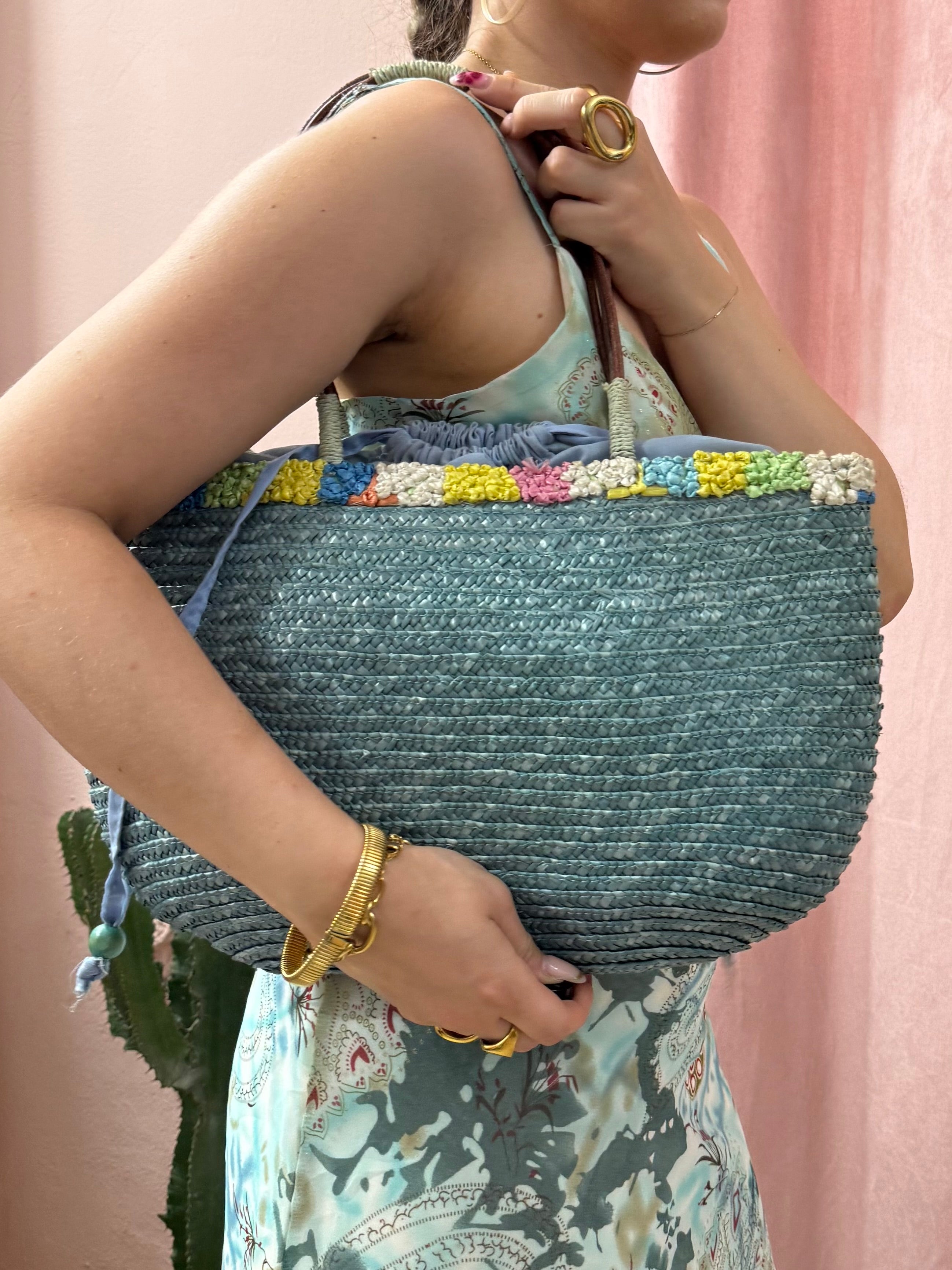 Borsa vintage in paglia azzurra