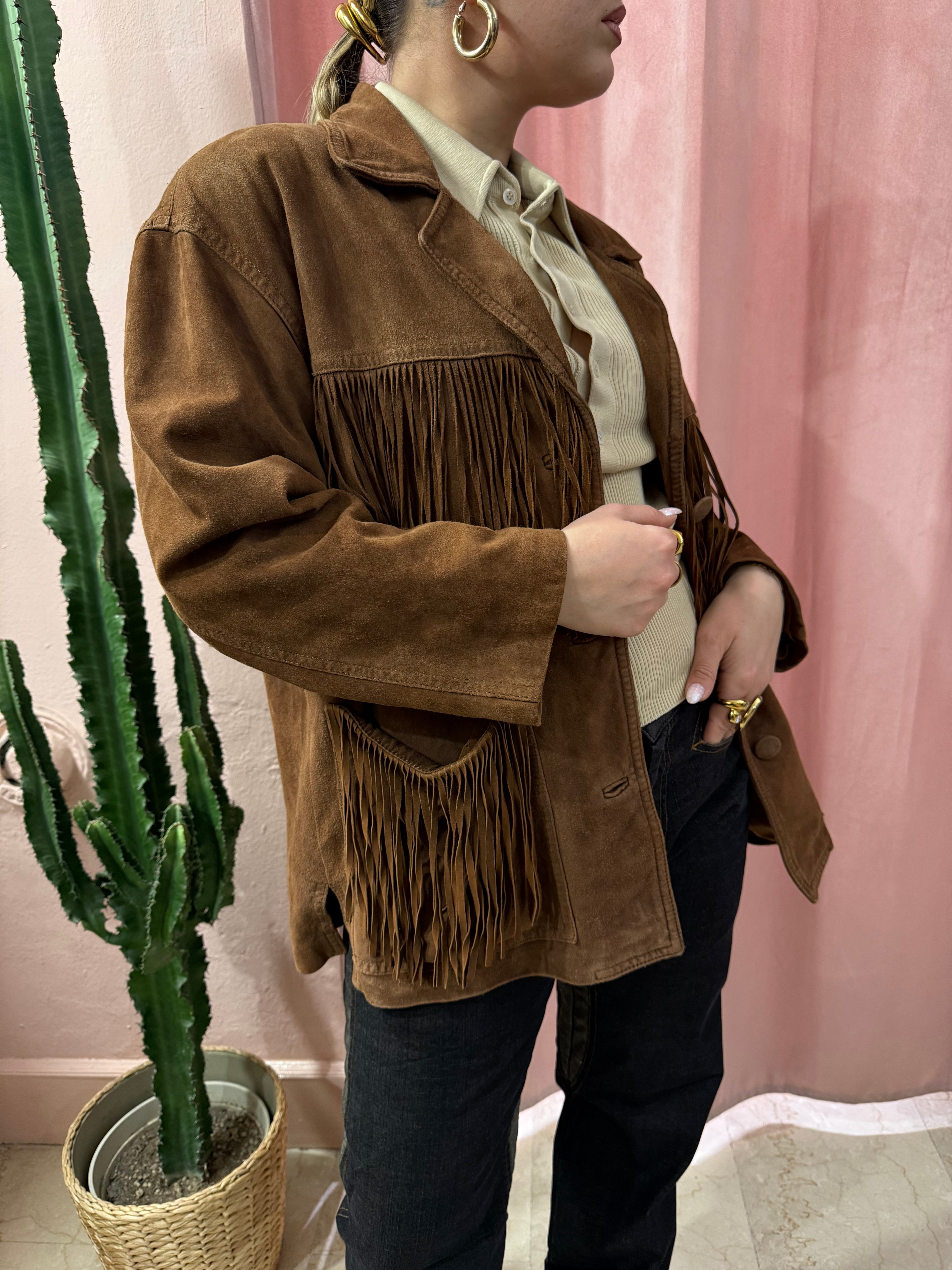 Giacca in vera pelle scamosciata con frange