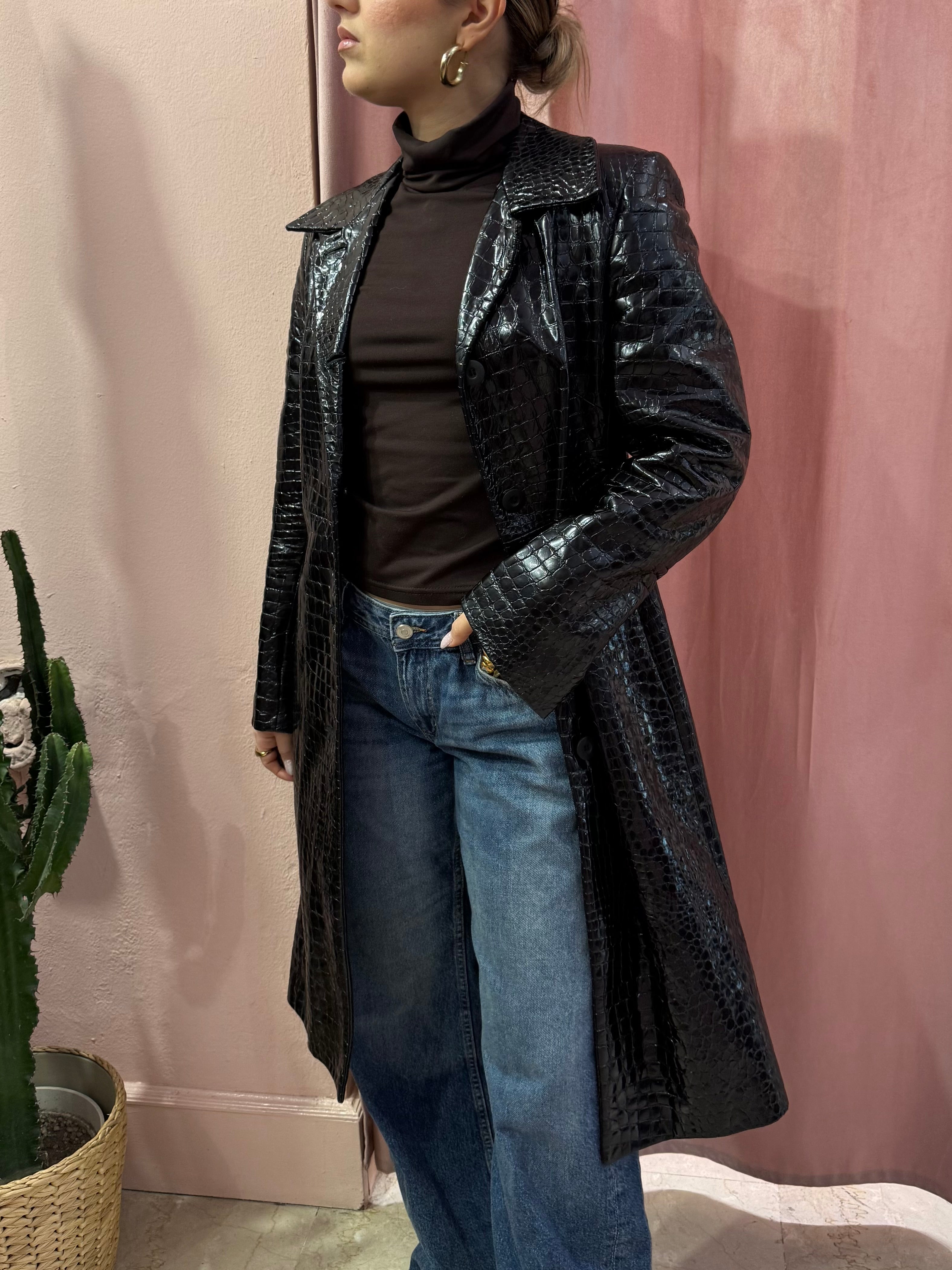 Trench in pelle nero stampa cocco