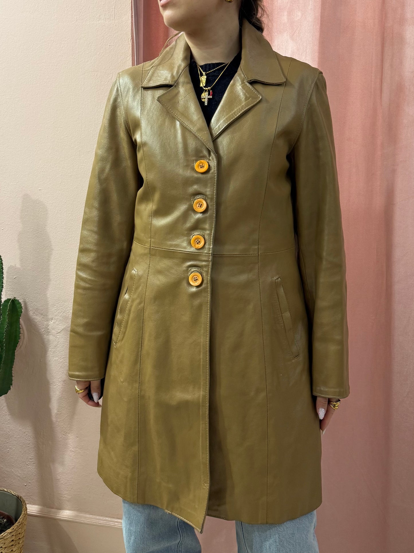 Giacca lunga in pelle color biscotto
