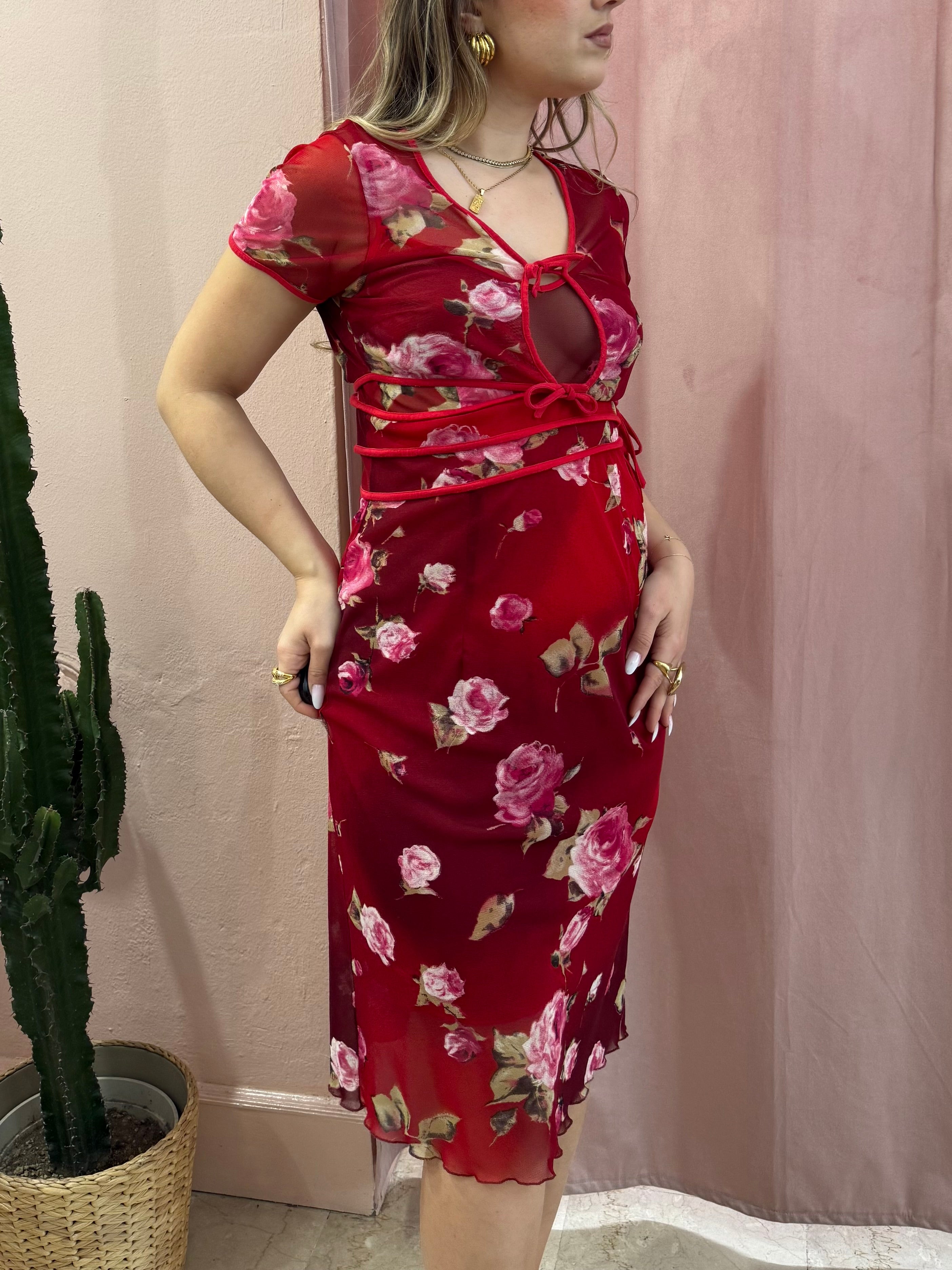 Set vestito + cardigan rosso fantasia rose