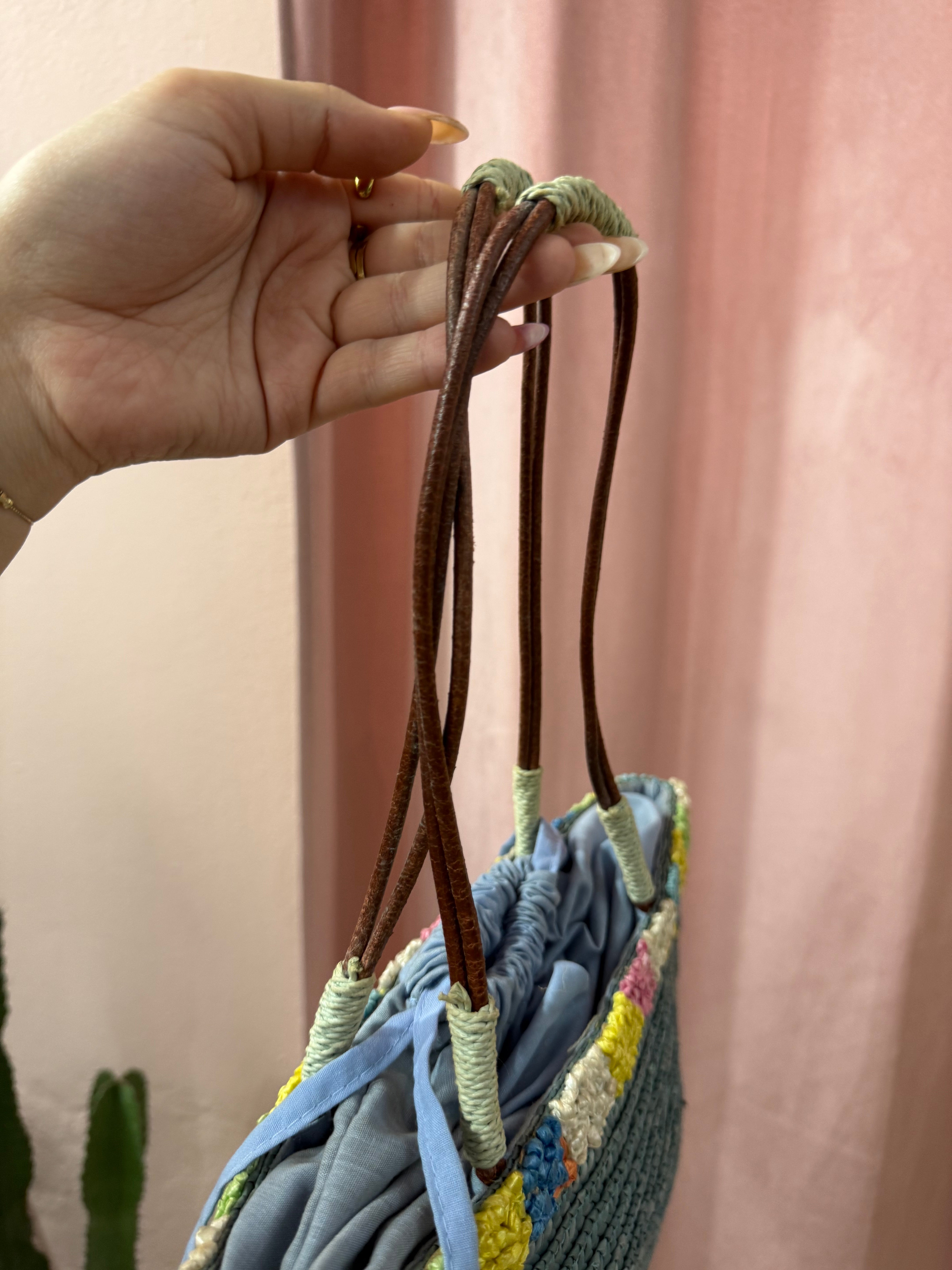 Borsa vintage in paglia azzurra