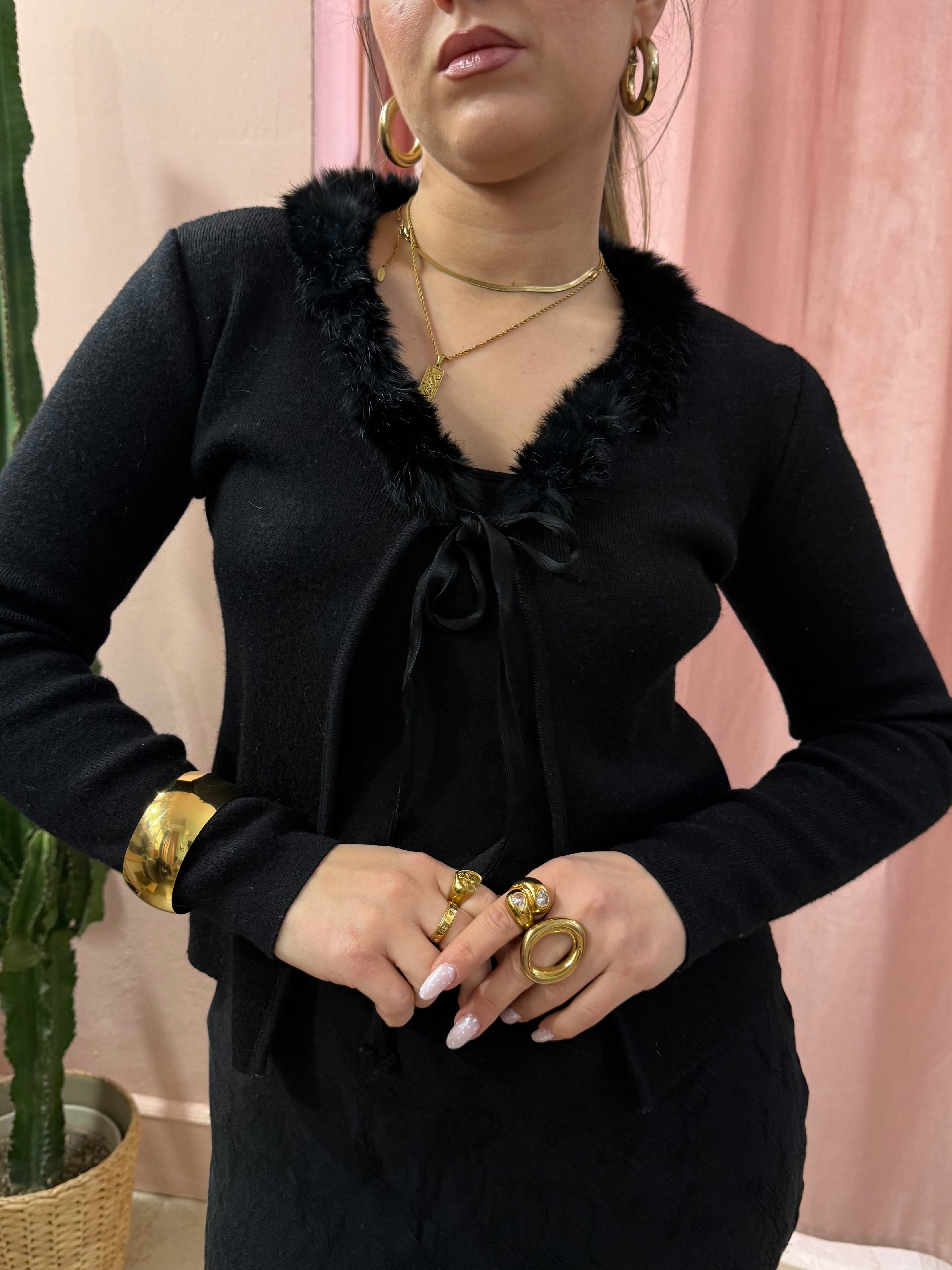 Cardigan 00s nero collo in pelliccia