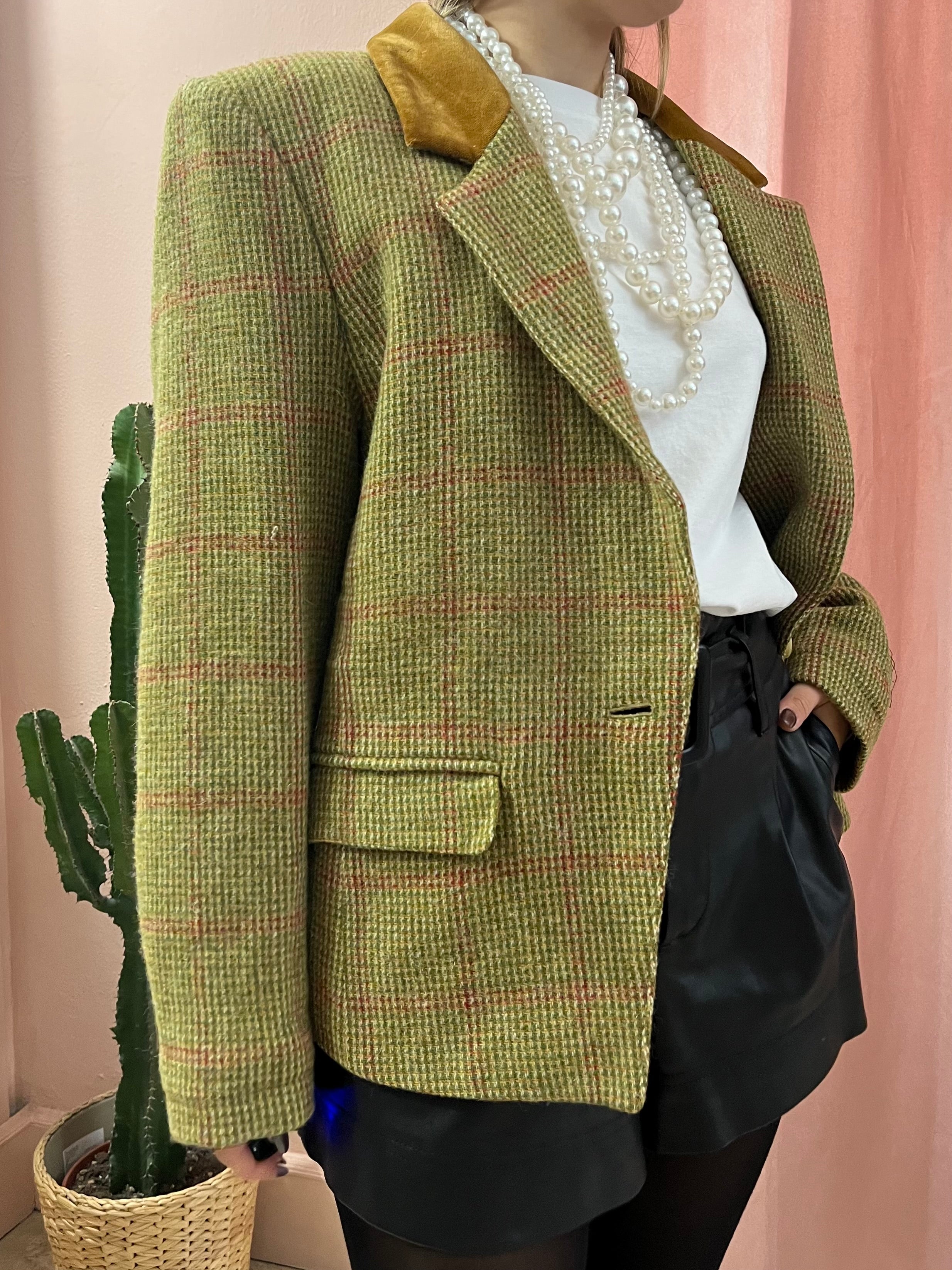 Blazer verde quadrettato in pura lana