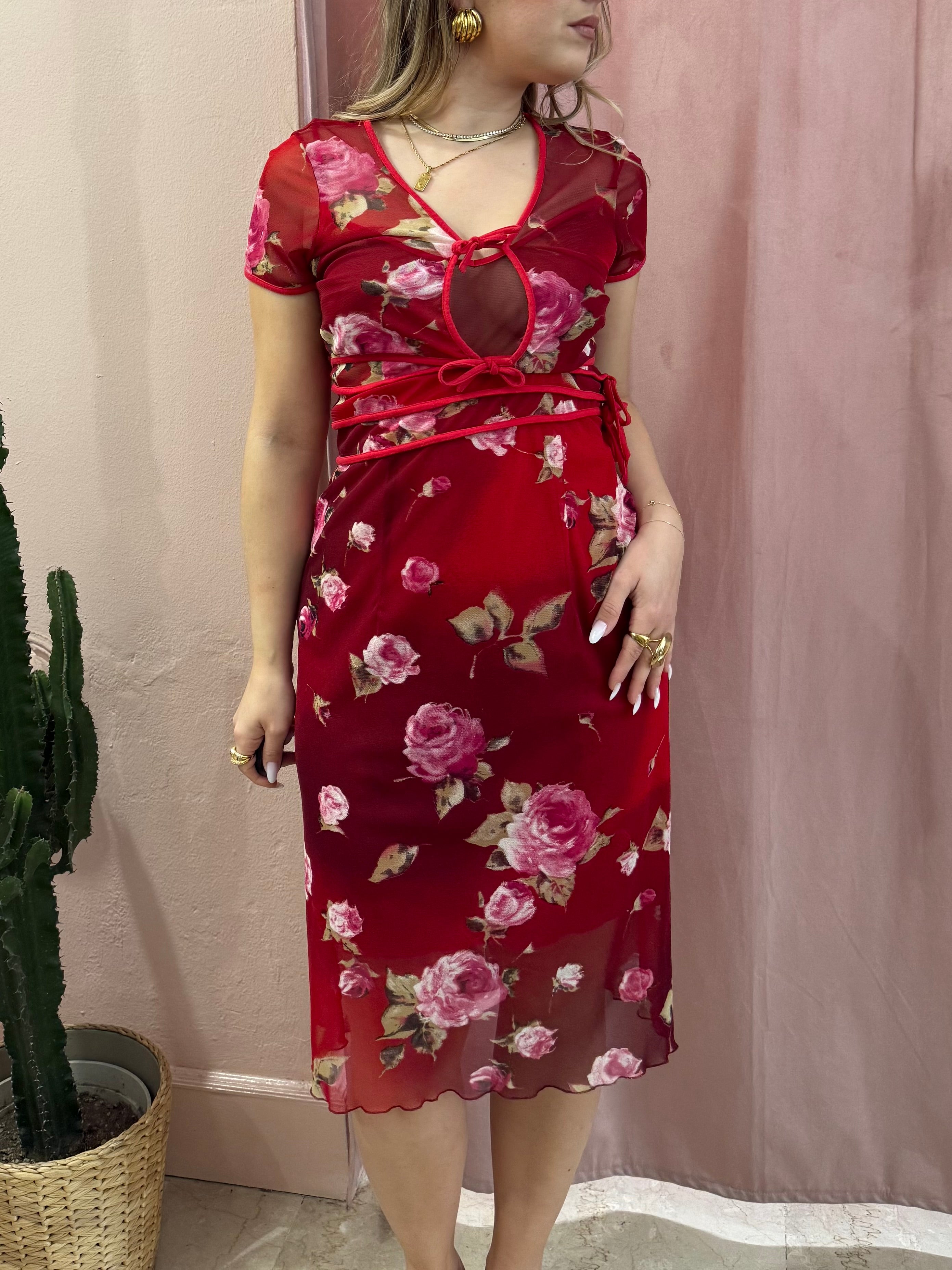 Set vestito + cardigan rosso fantasia rose