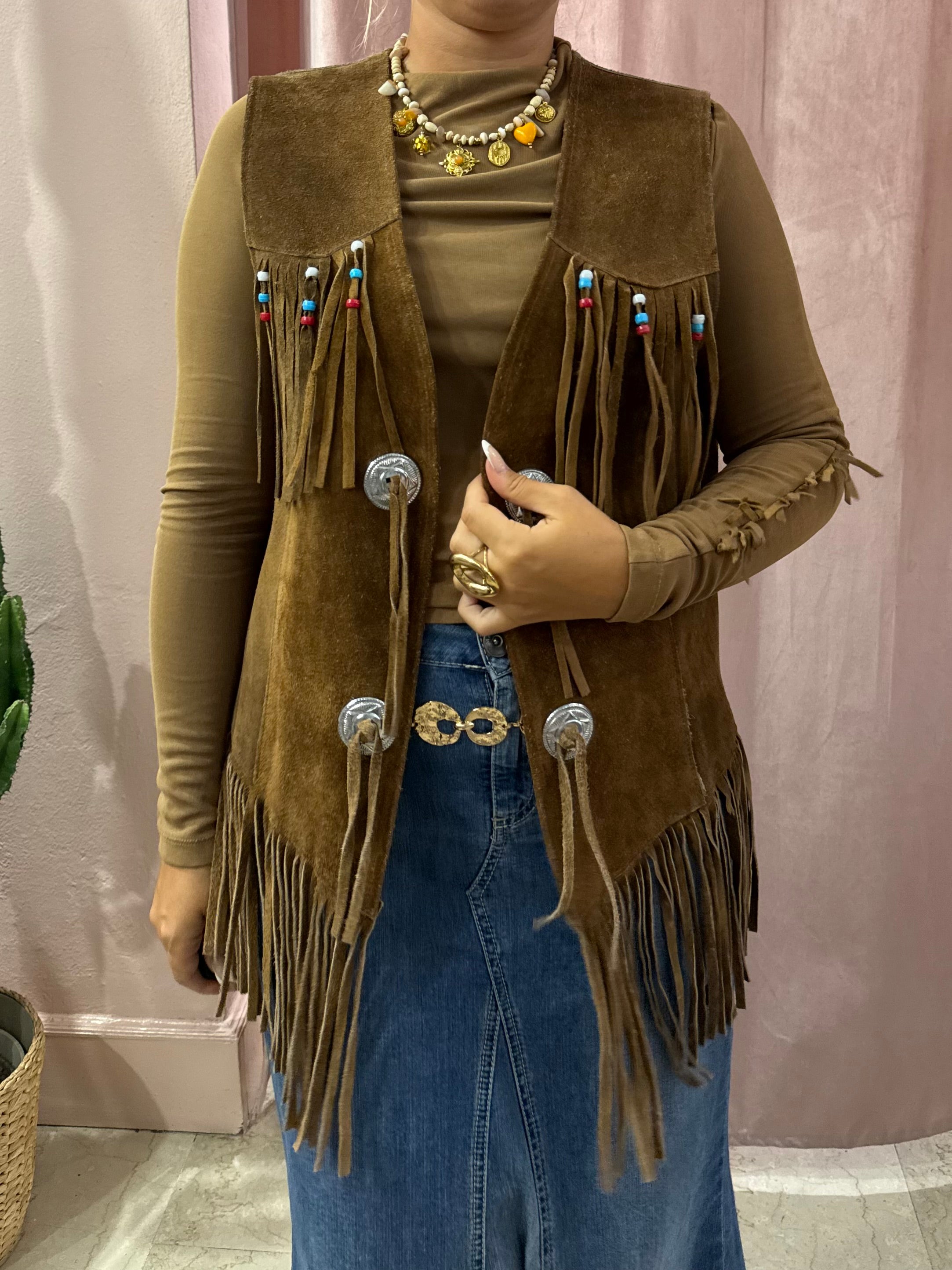 Gilet con frange in vera pelle