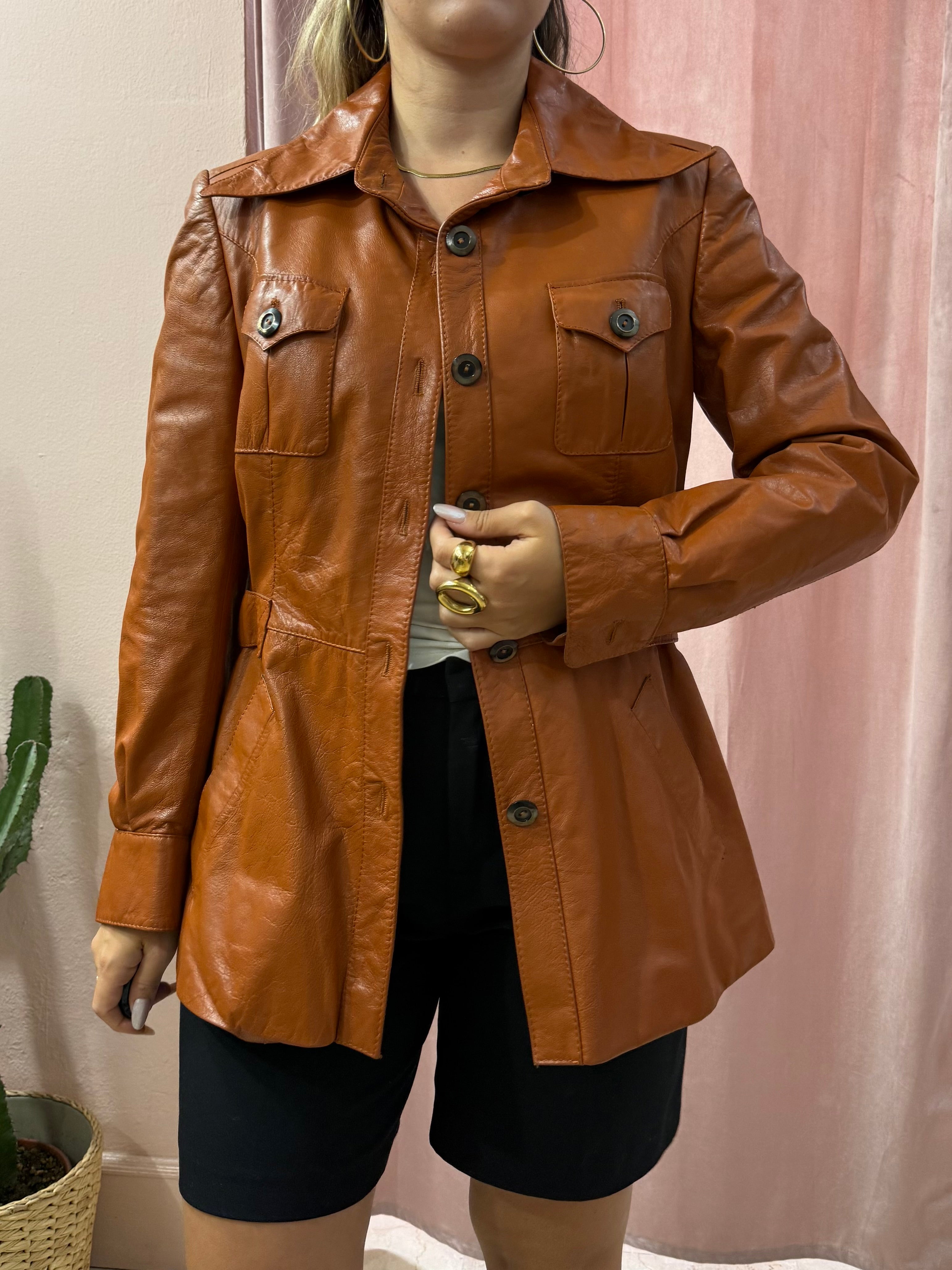 Giacca lunga in pelle mattone