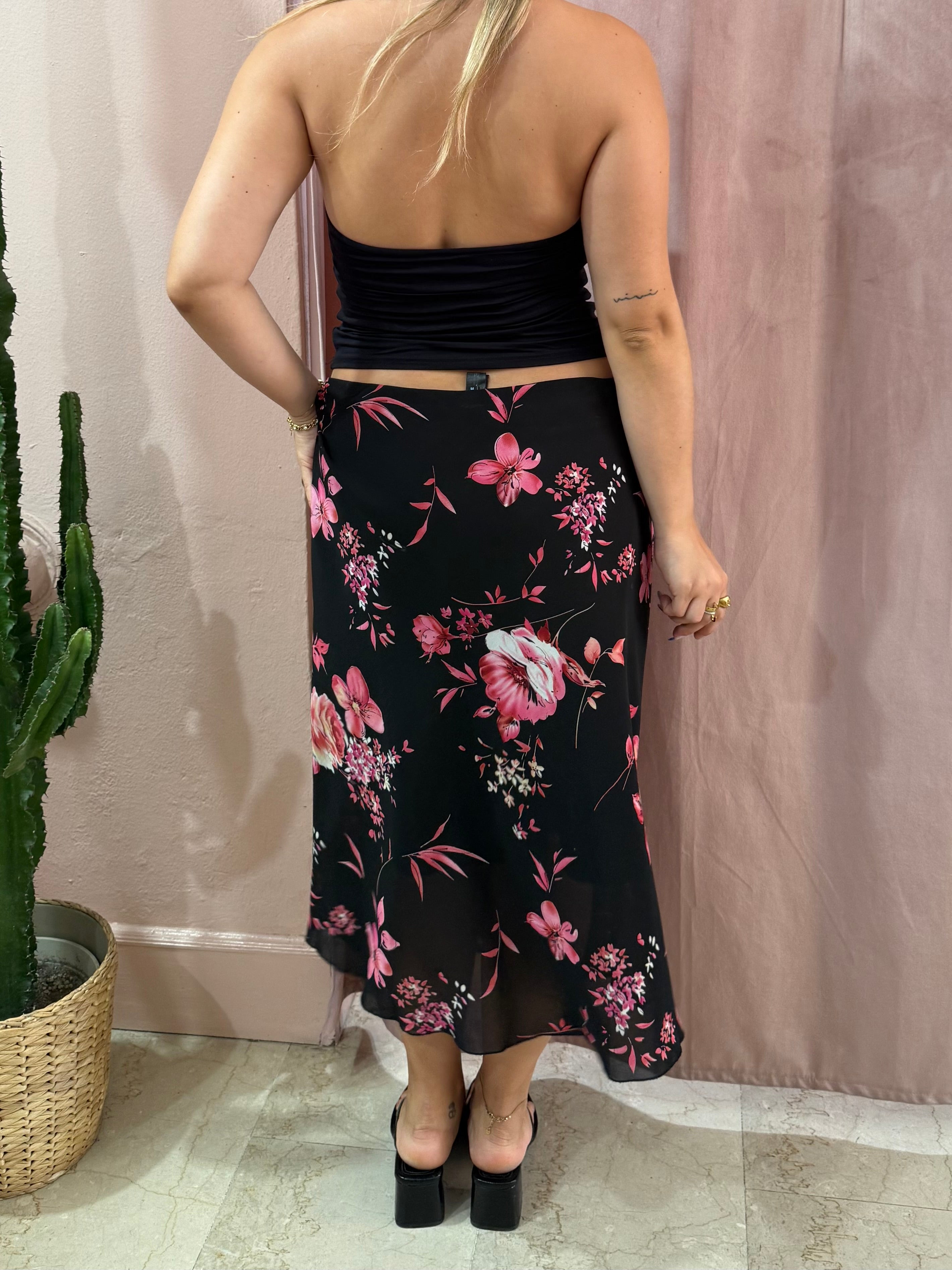 Gonna midi nera fantasia fiori rosa