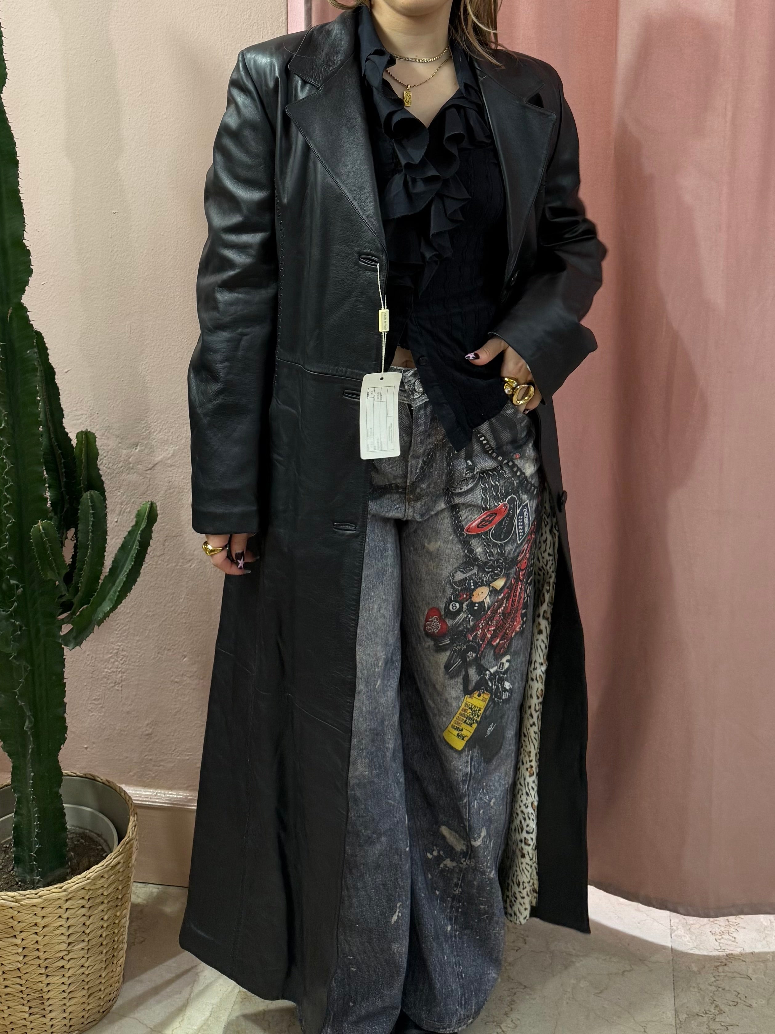 Trench lungo nero in pelle