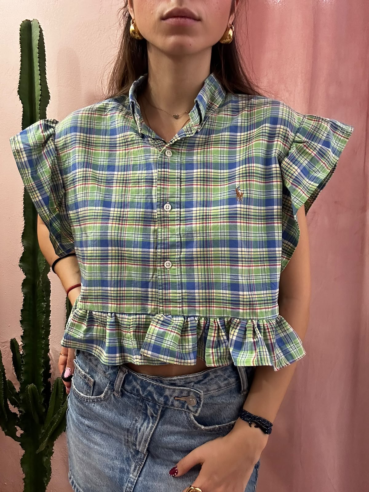 Camicia ralph lauren upcycling manica volant a quadri