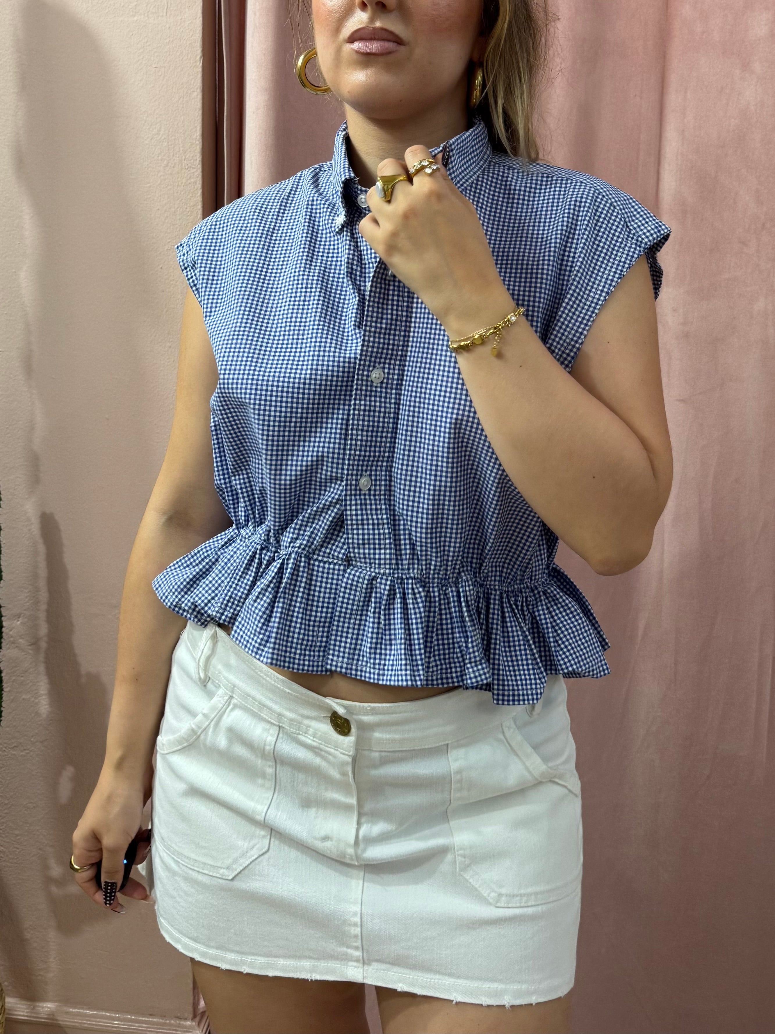 Camicia Ralph Lauren upcycling volant vichy blu