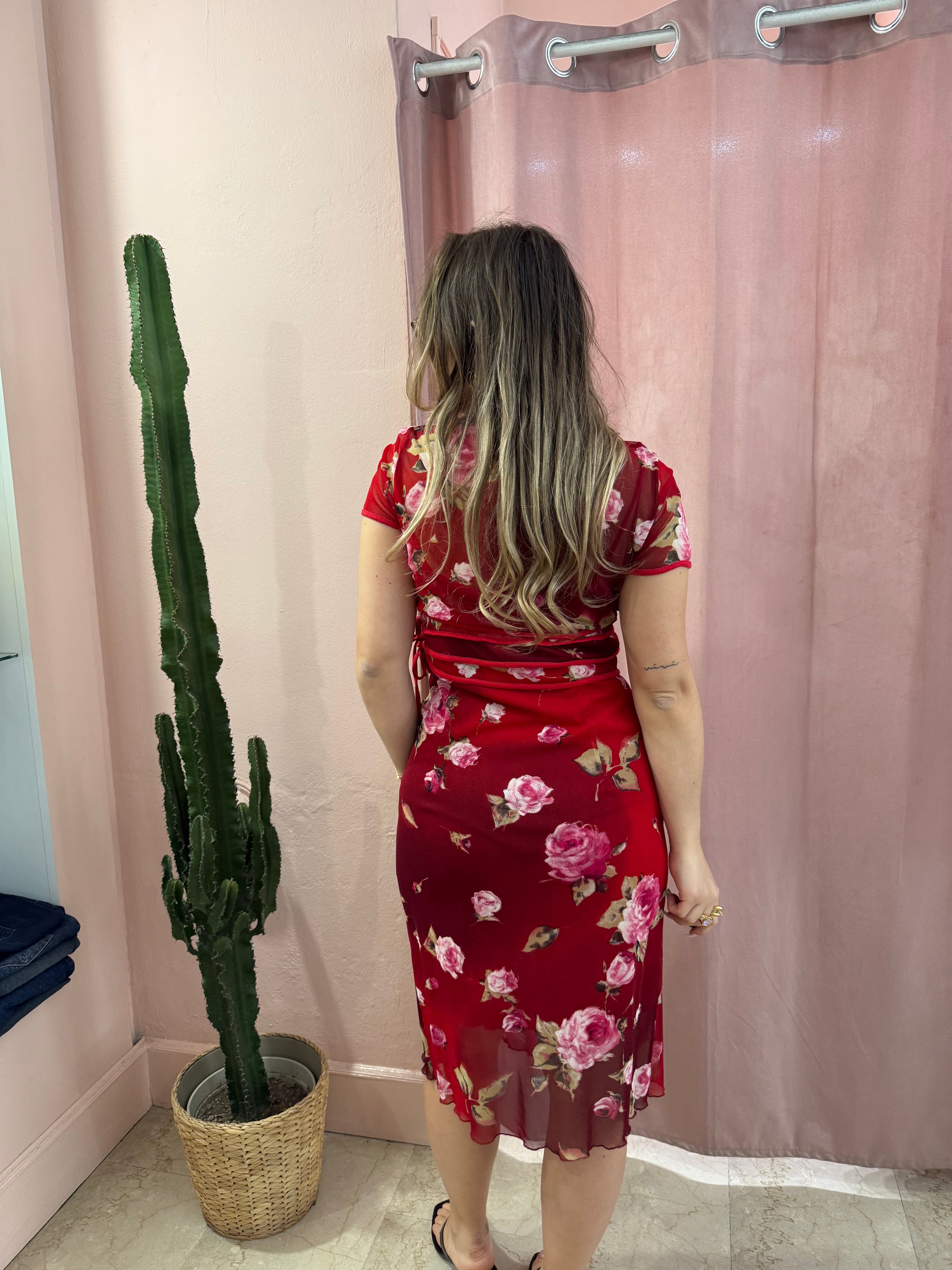 Set vestito + cardigan rosso fantasia rose