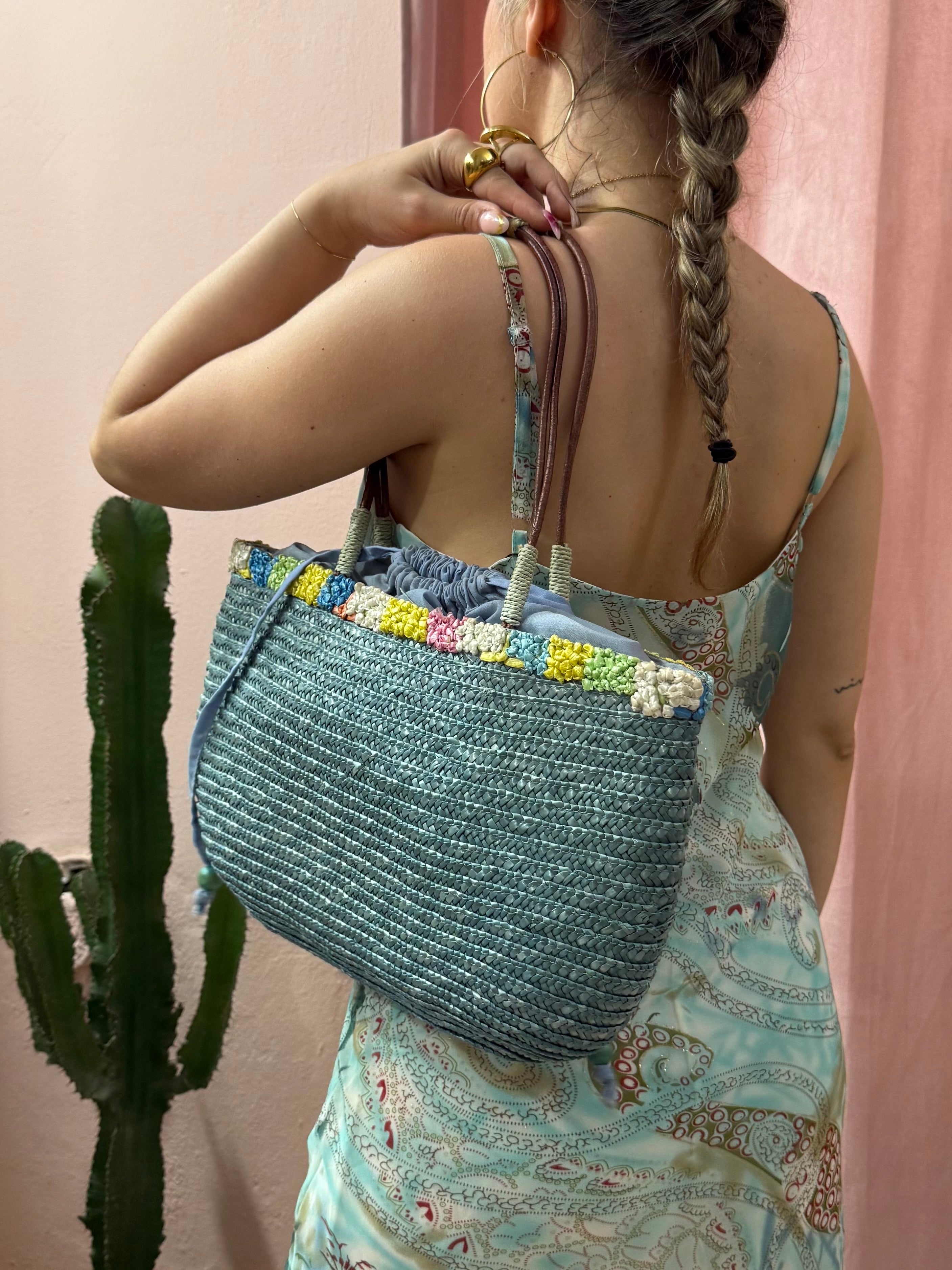 Borsa vintage in paglia azzurra
