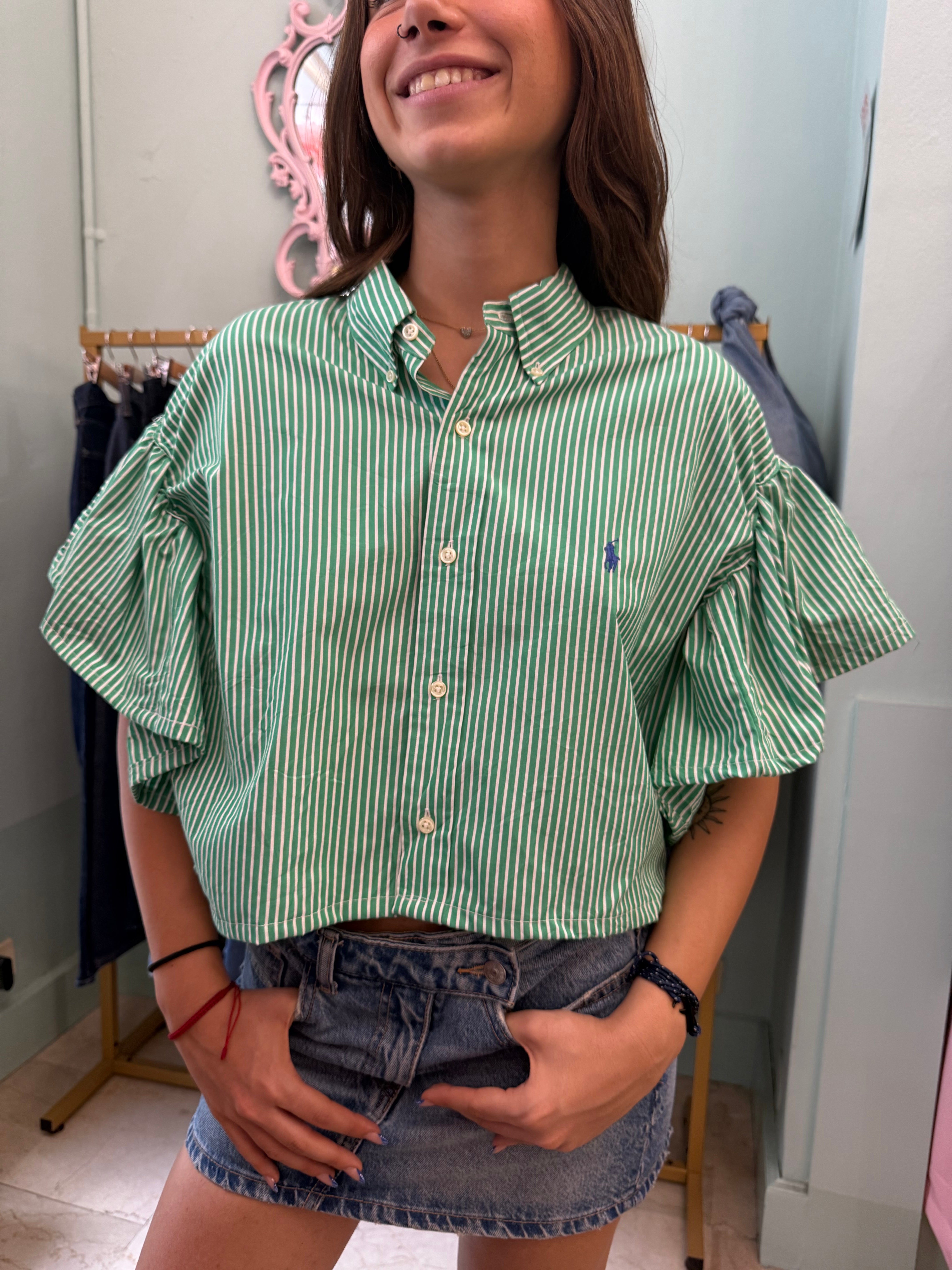 Camicia Ralph Lauren upcycling volant righe verde