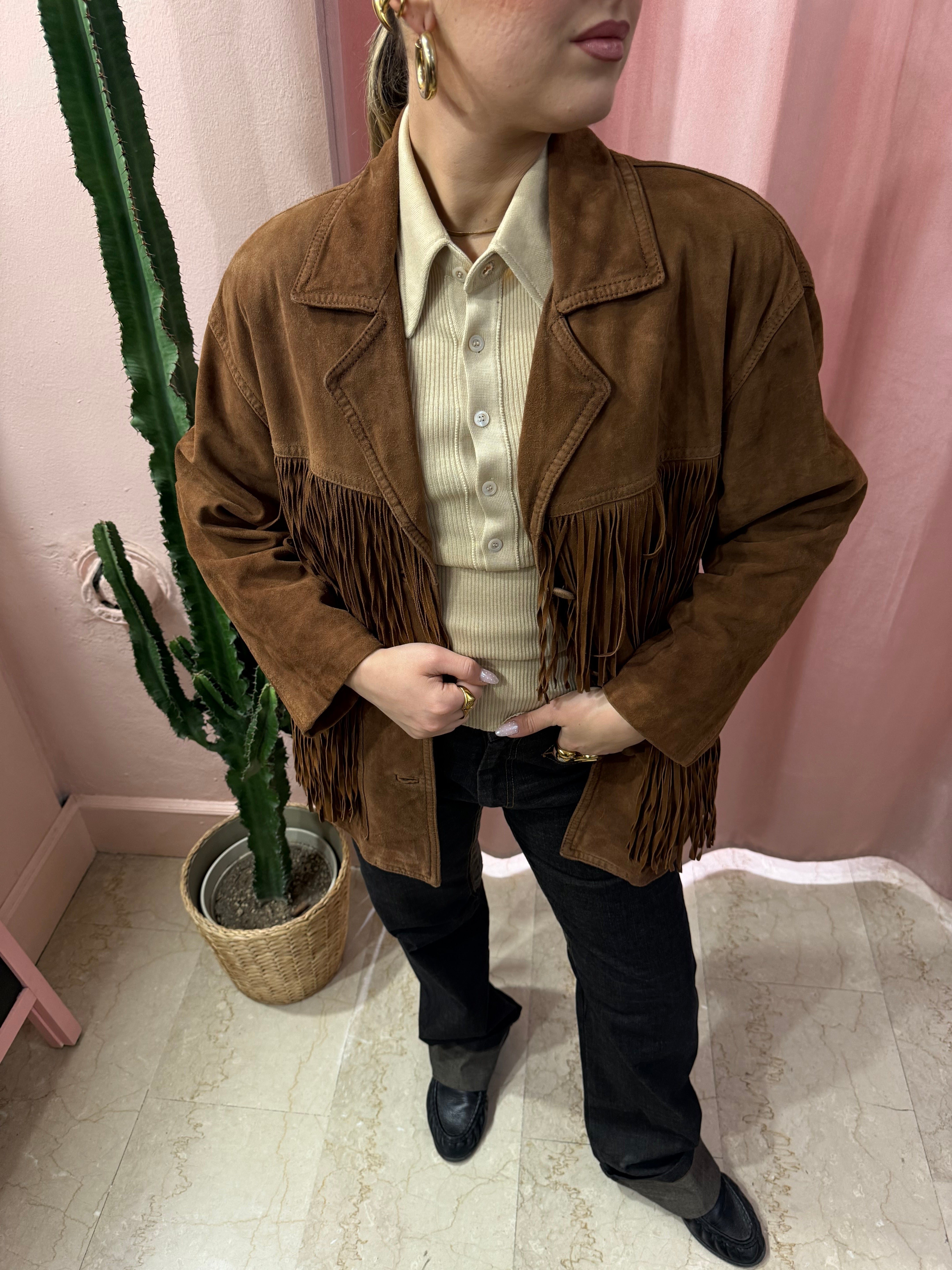 Giacca in vera pelle scamosciata con frange