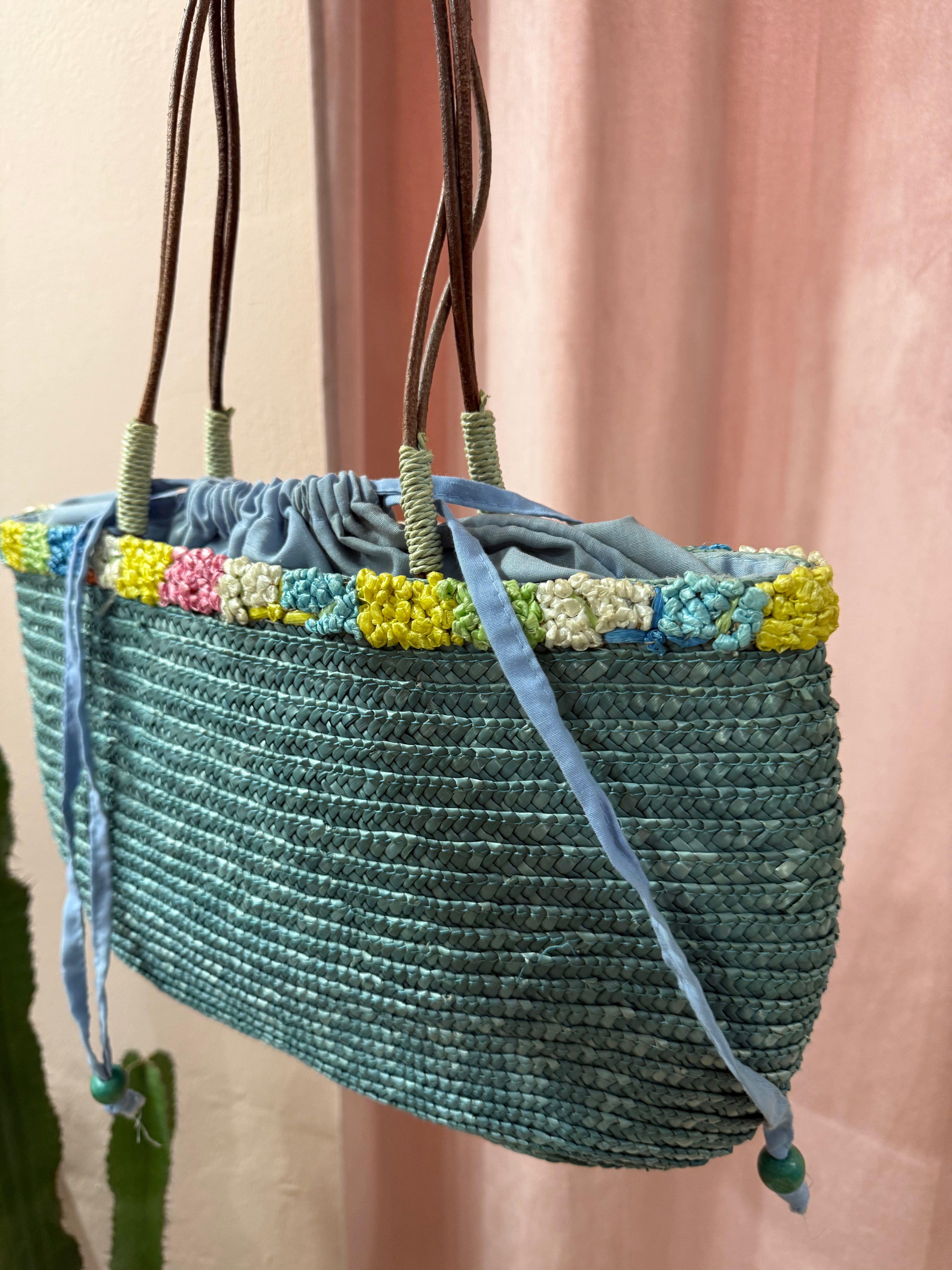 Borsa vintage in paglia azzurra