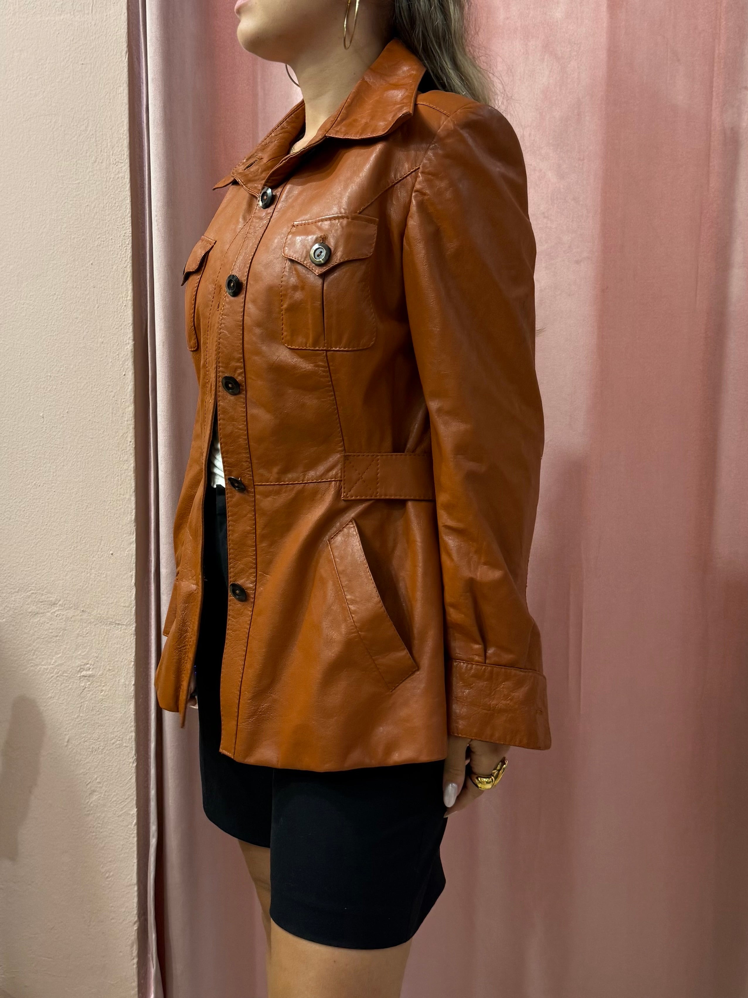 Giacca lunga in pelle mattone