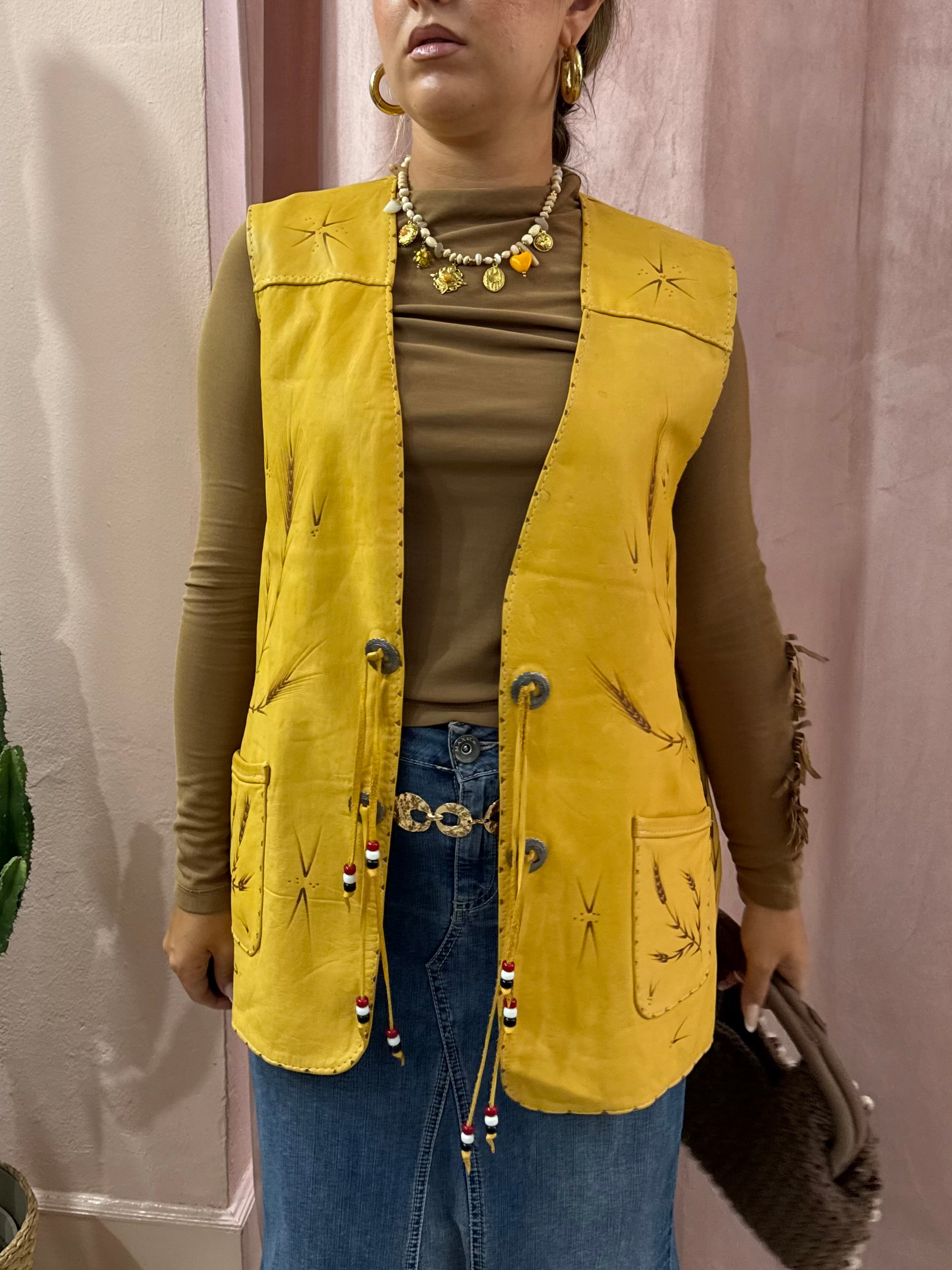 Gilet in vera pelle con fantasia spighe di grano