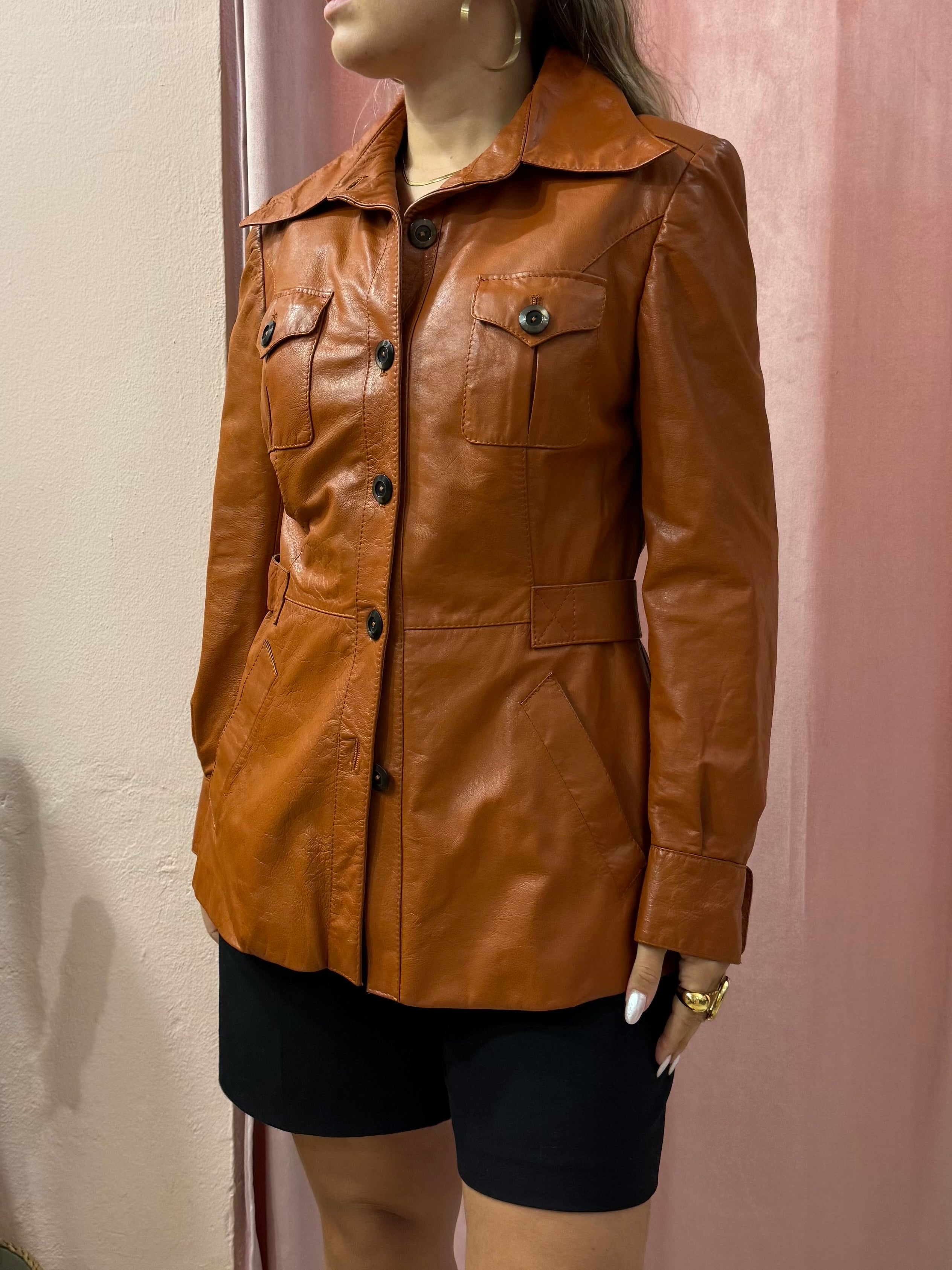 Giacca lunga in pelle mattone