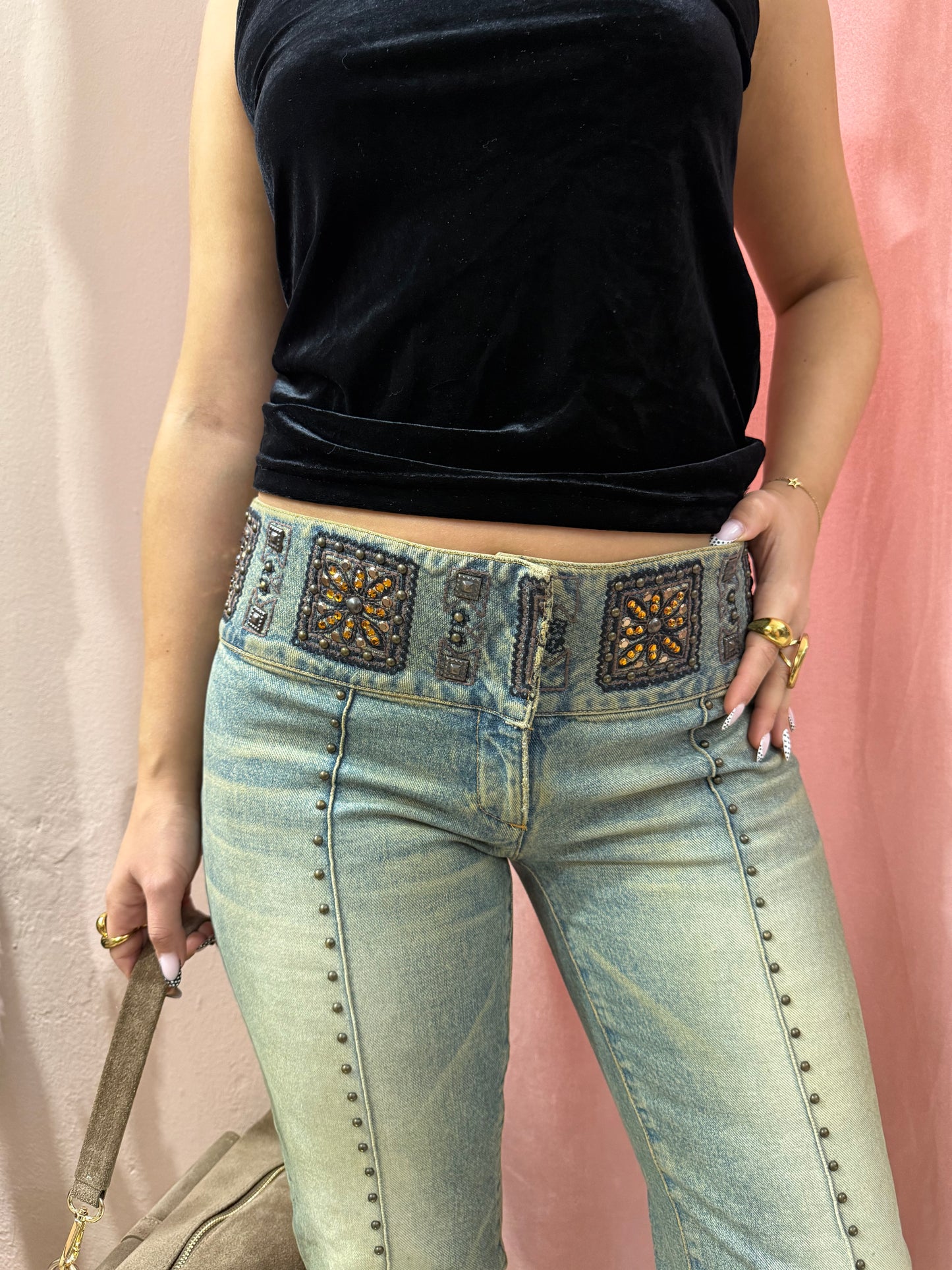 Jeans y2k vita bassa con ricami