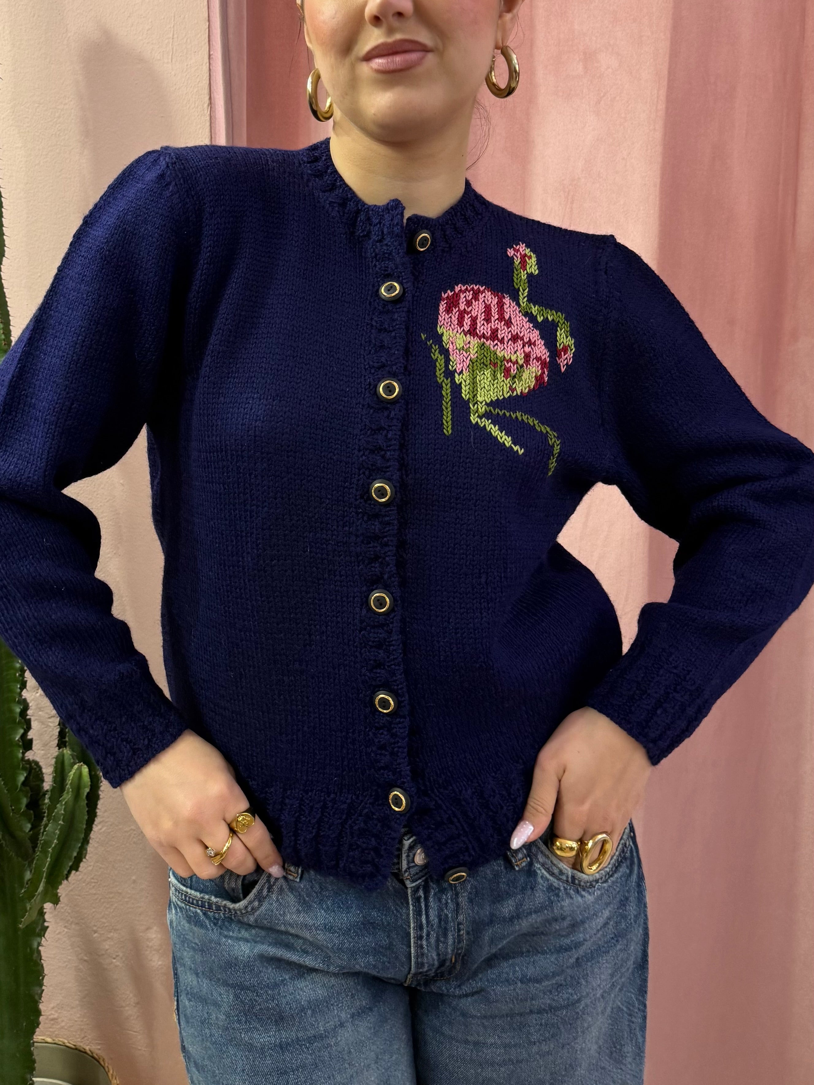 Maglione vintage blu ricamato