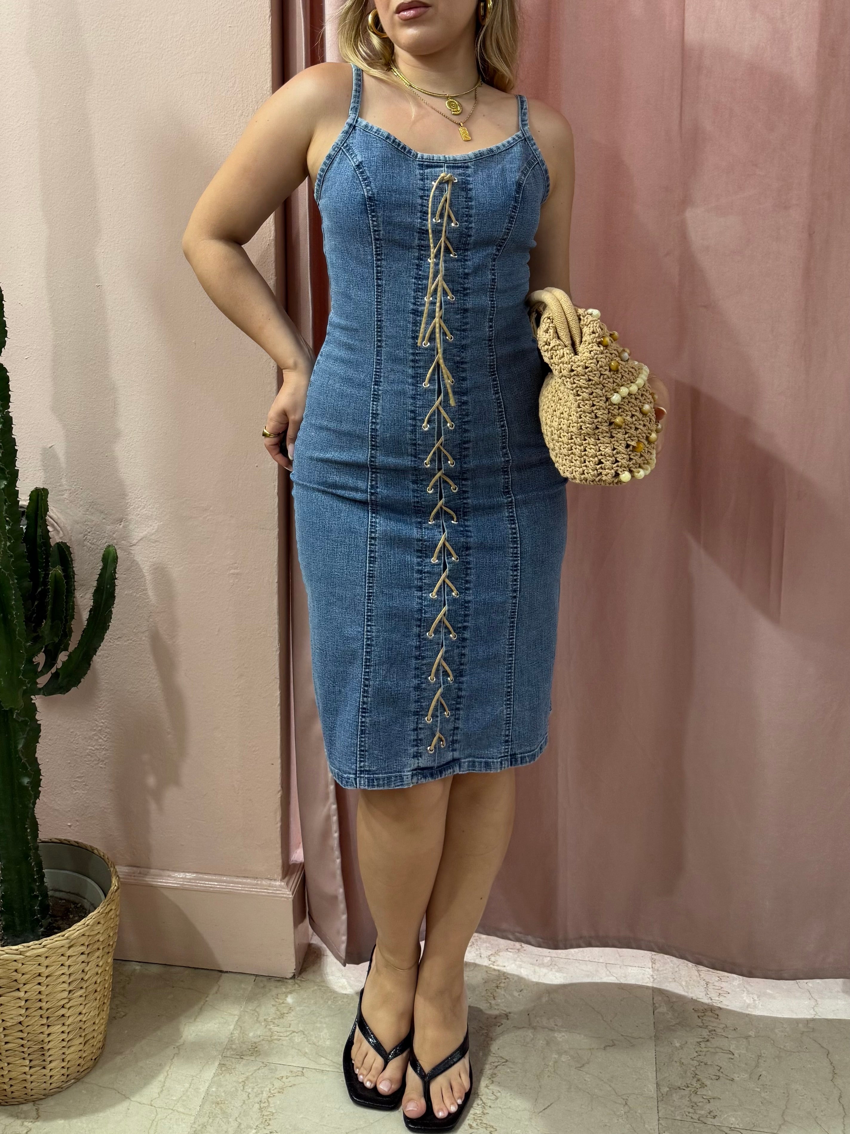 Vestito 00s in denim con intreccio sul davanti
