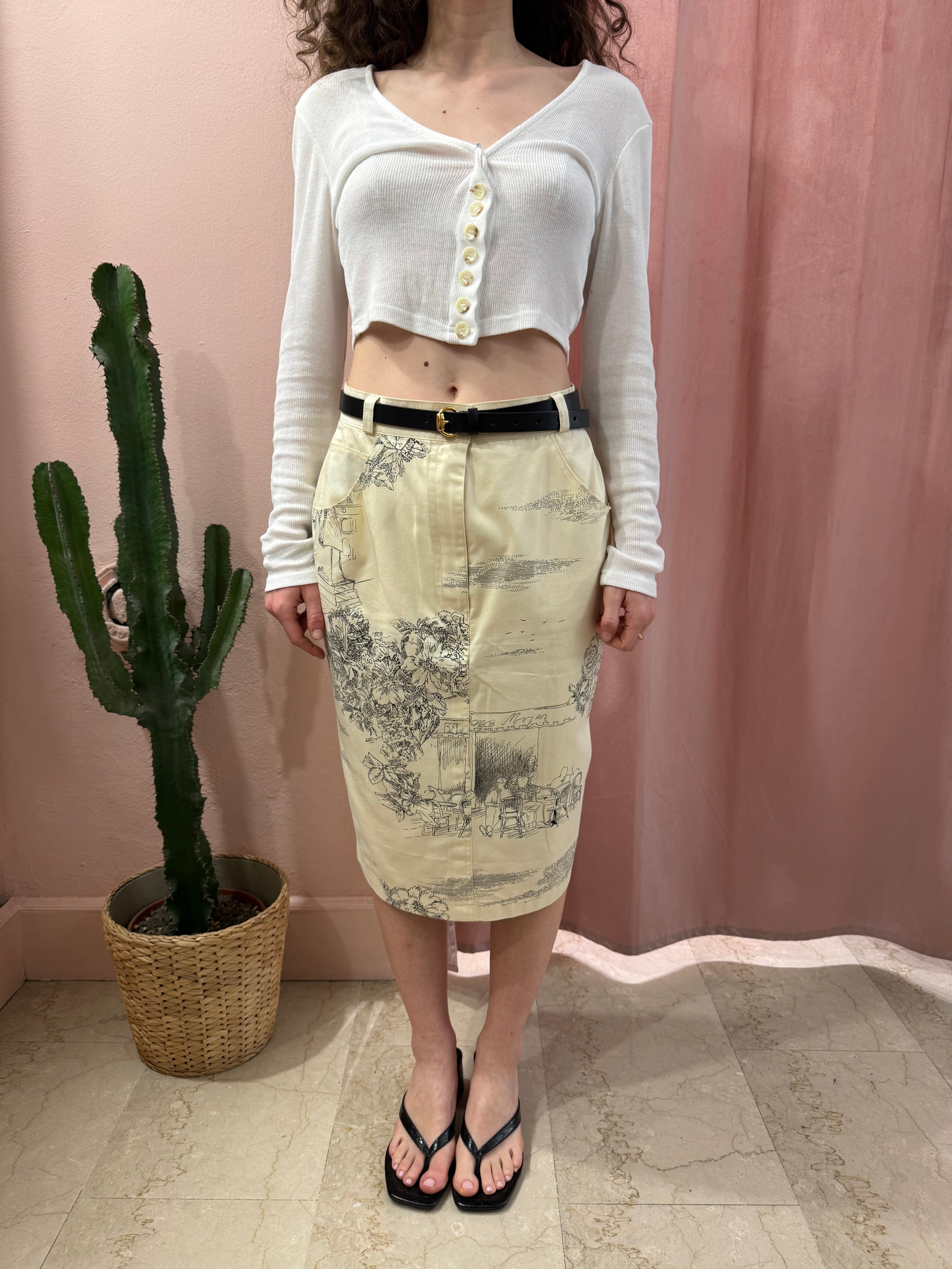 Gonna vintage midi con fantasia disegnata