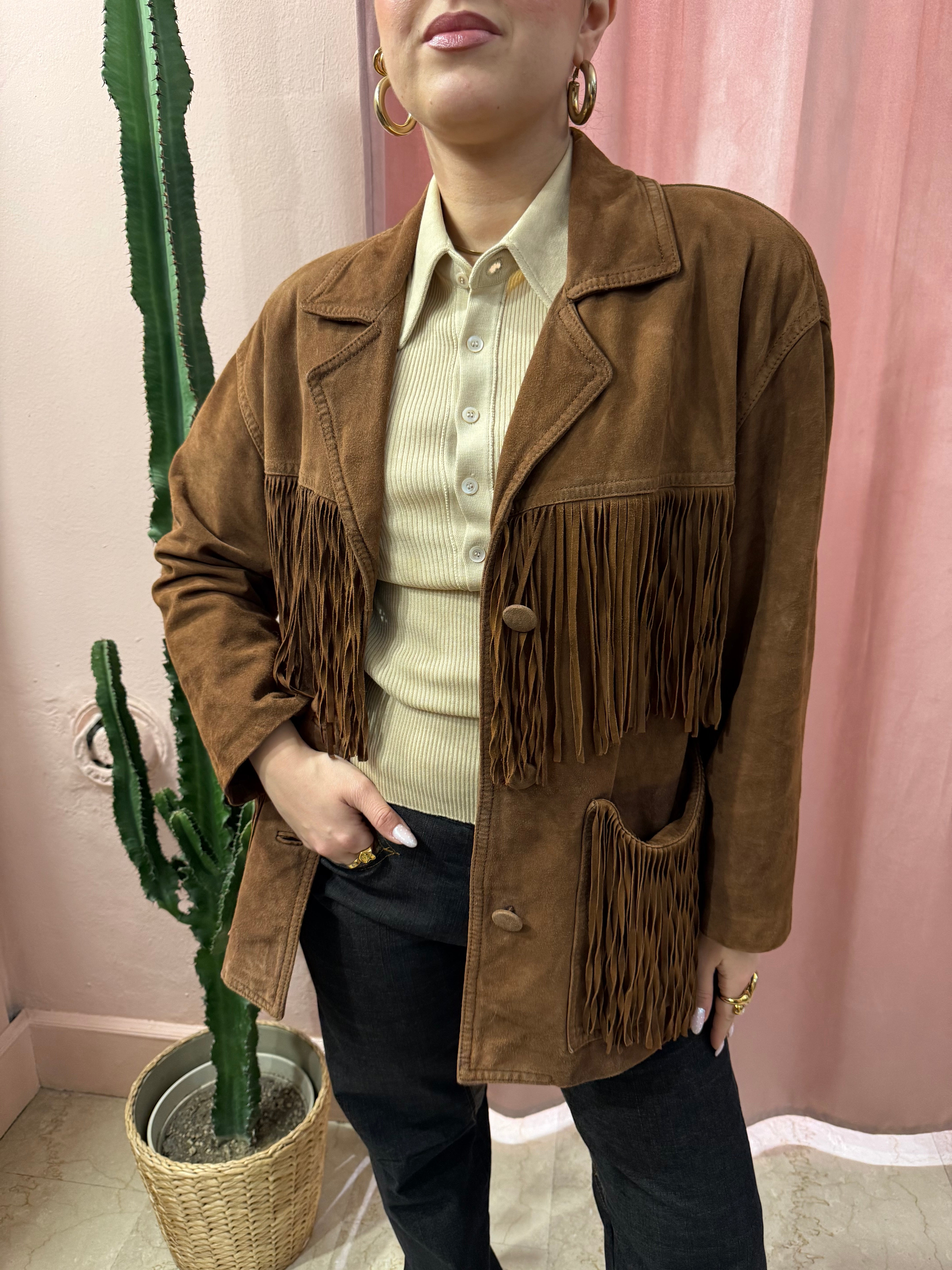 Giacca in vera pelle scamosciata con frange