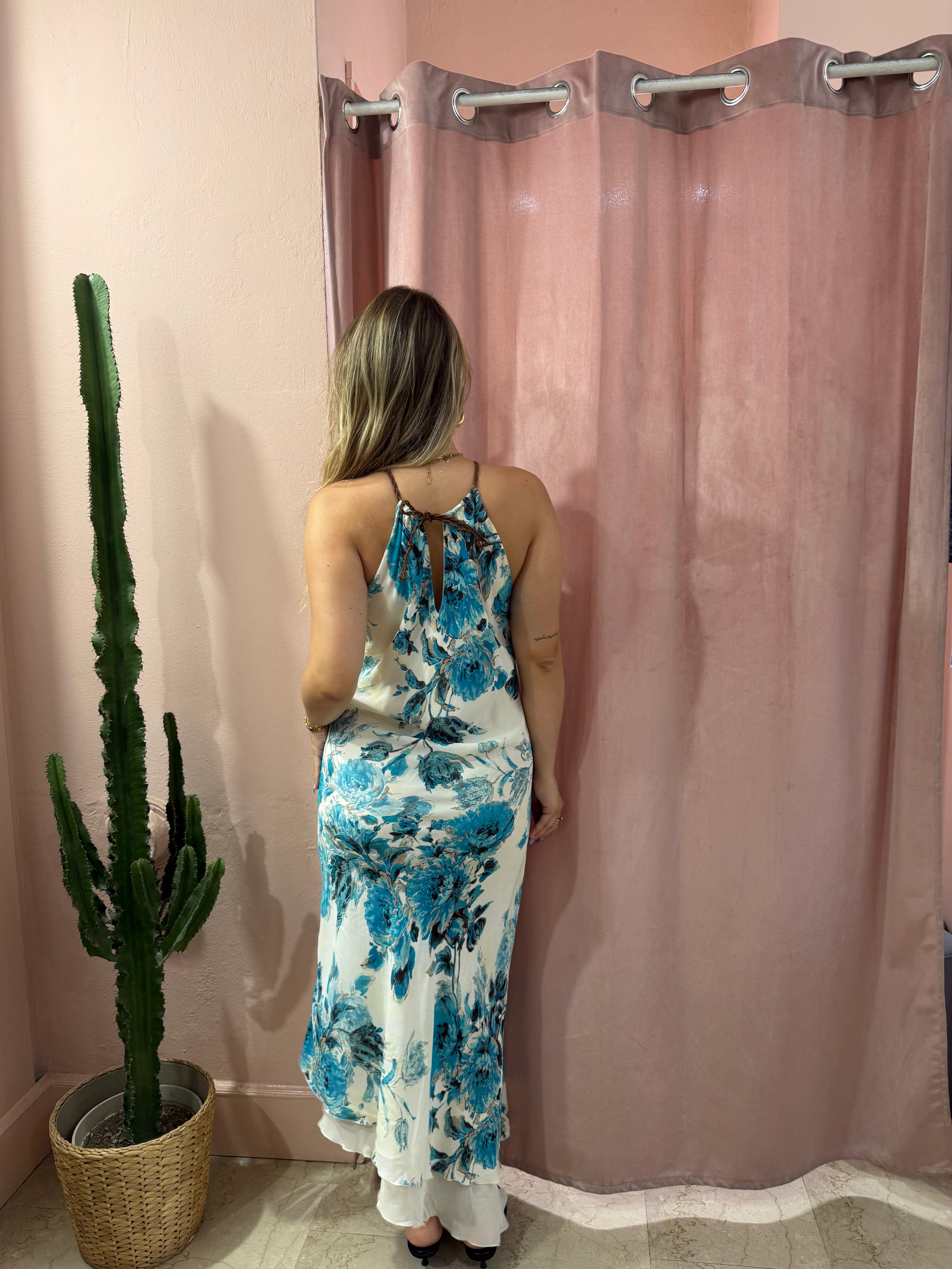 Maxi vestito bianco in fantasia floreale blu