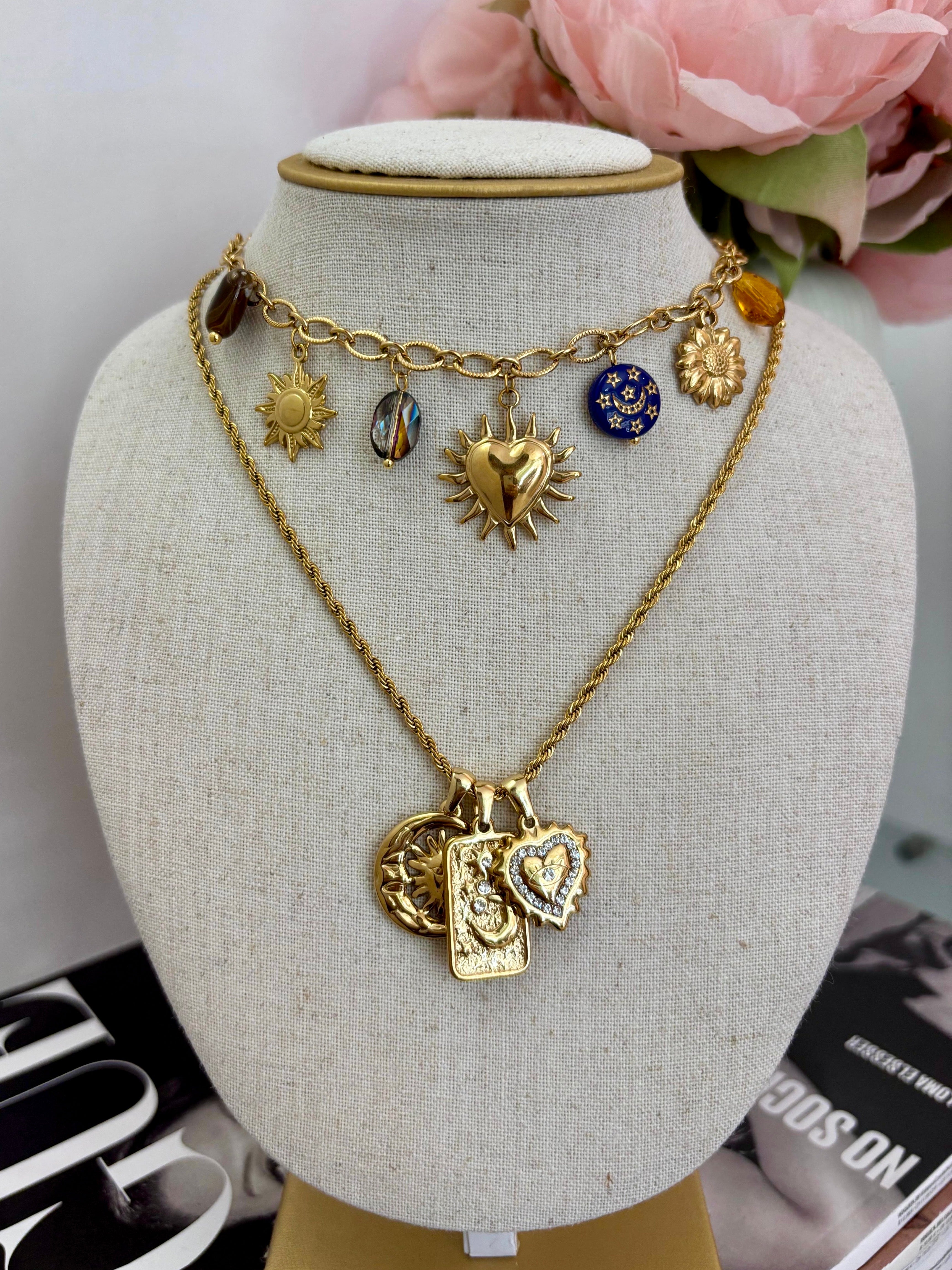 Collana multi charm Sole e Luna