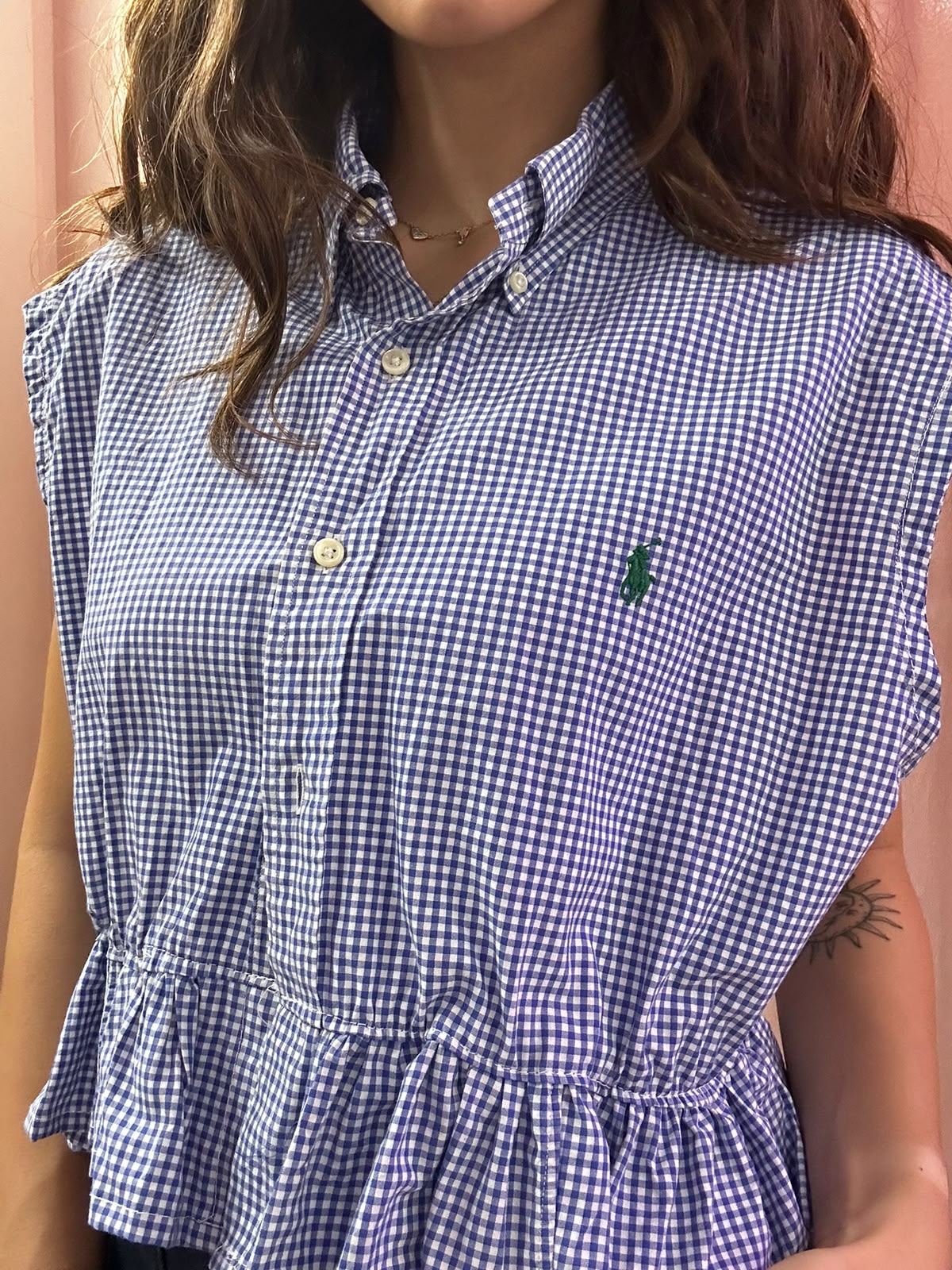 Camicia Ralph Lauren upcycling volant quadretti blu