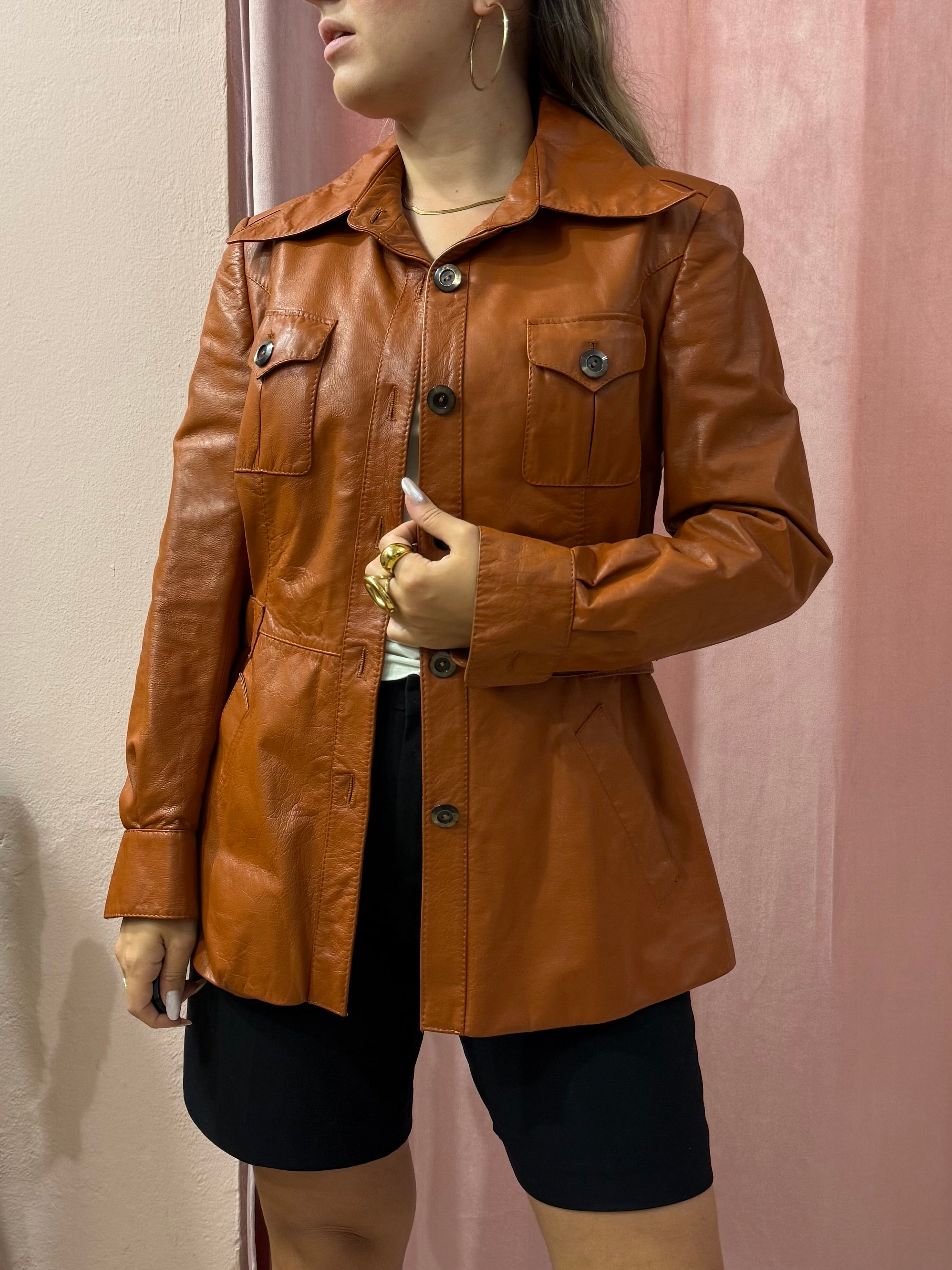 Giacca lunga in pelle mattone