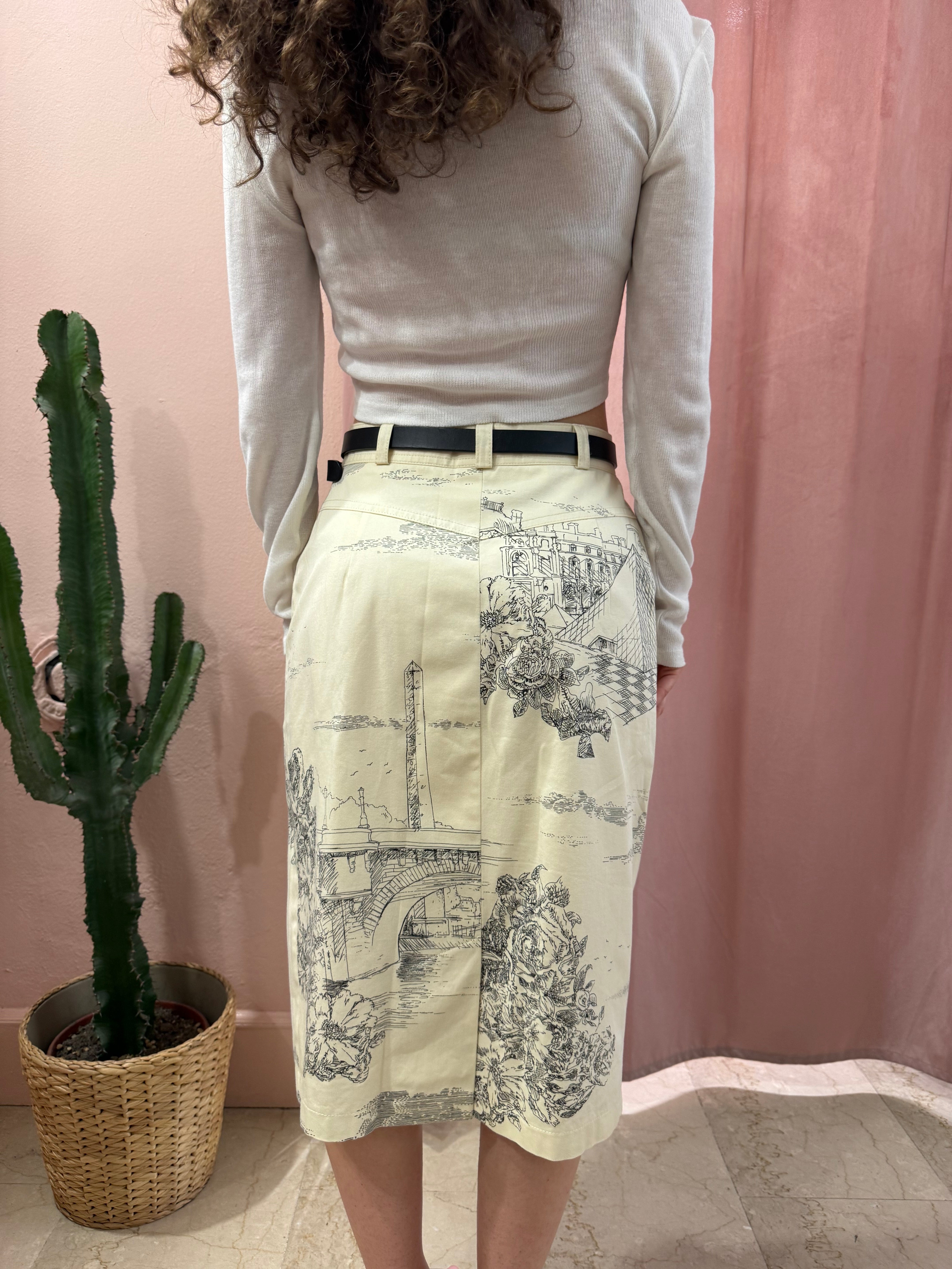 Gonna vintage midi con fantasia disegnata