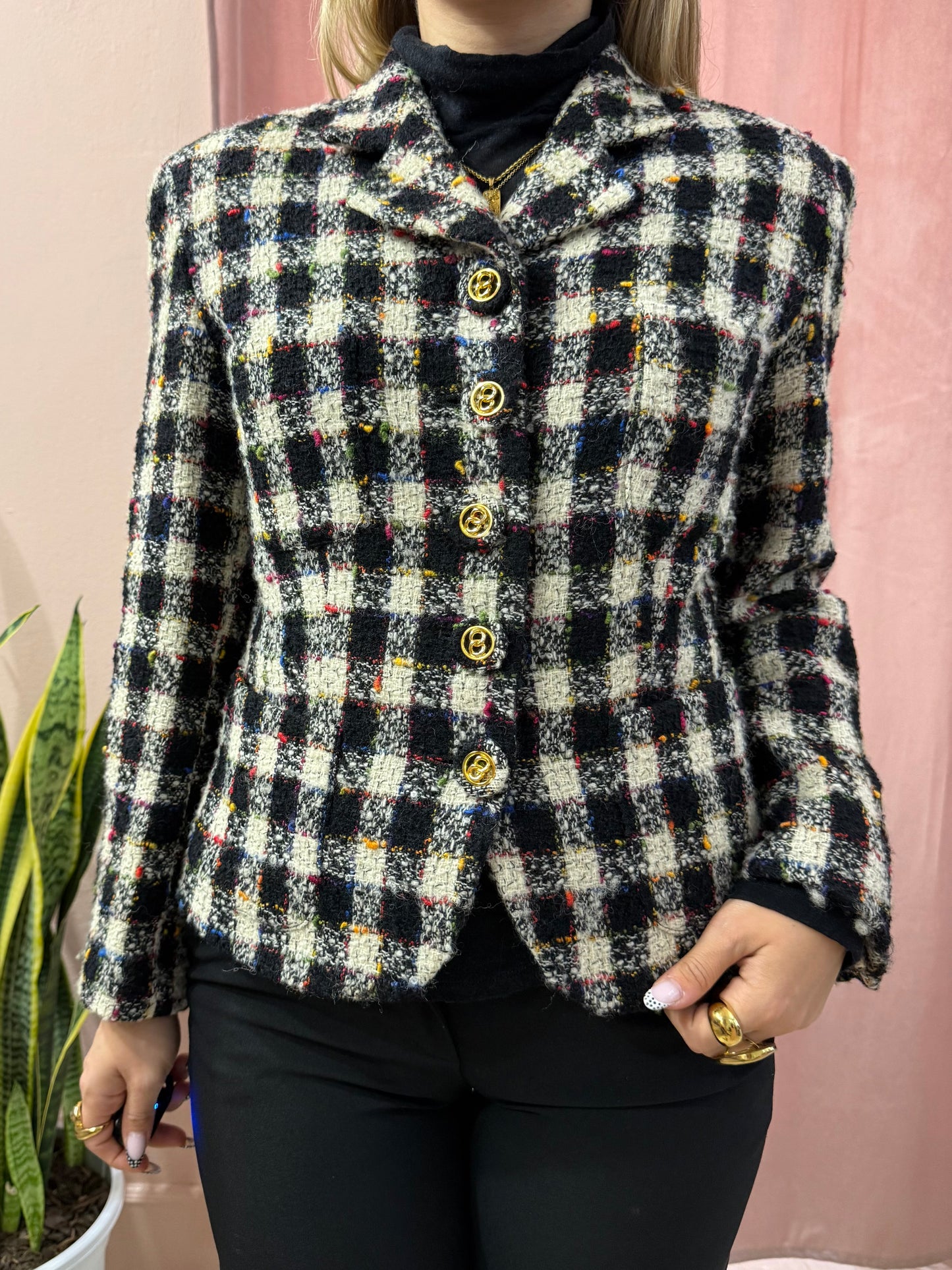 Blazer vintage a quadri bianco e nero