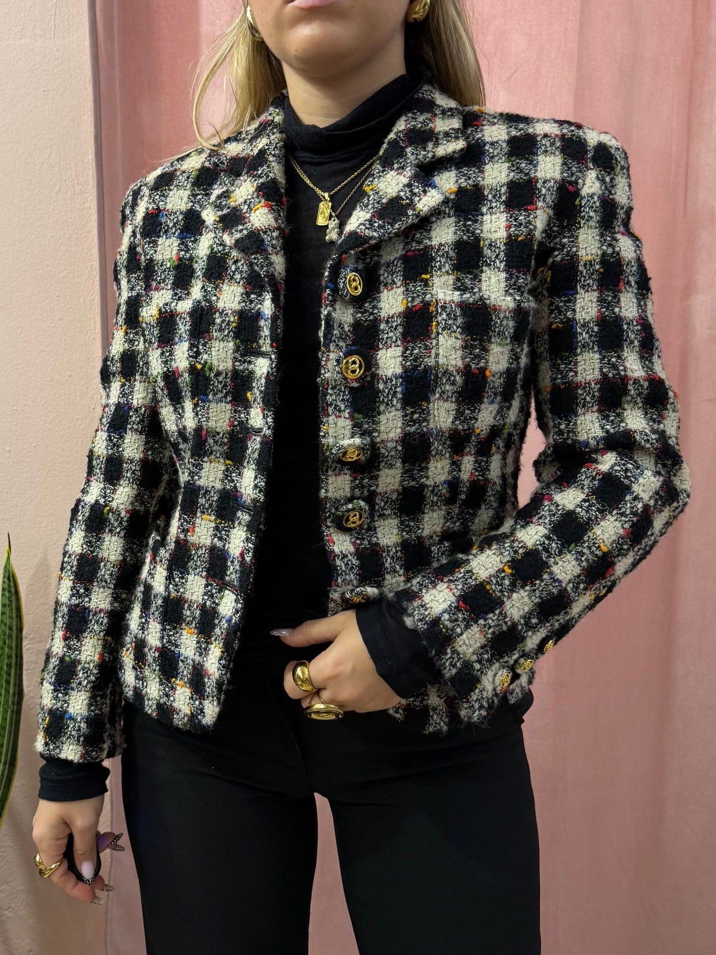 Blazer vintage a quadri bianco e nero
