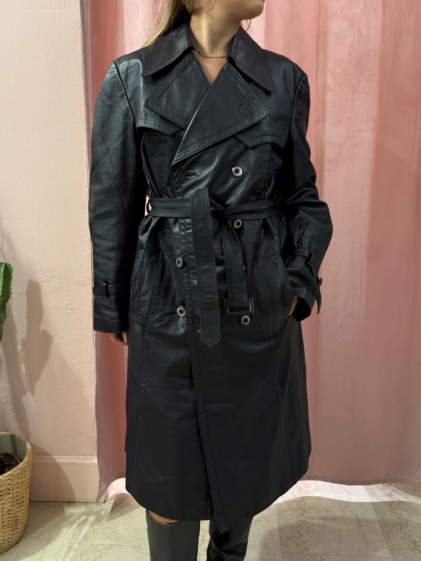 Trench lungo in vera pelle nero
