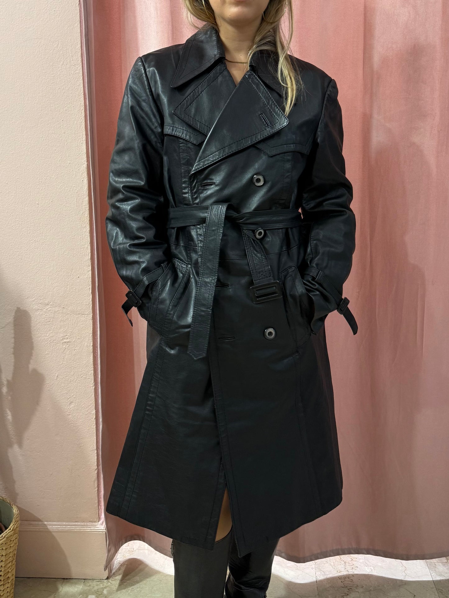 Trench lungo in vera pelle nero