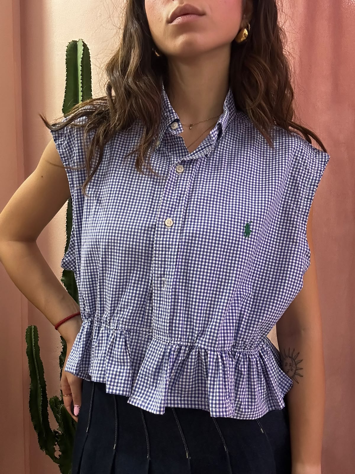 Camicia Ralph Lauren upcycling volant quadretti blu