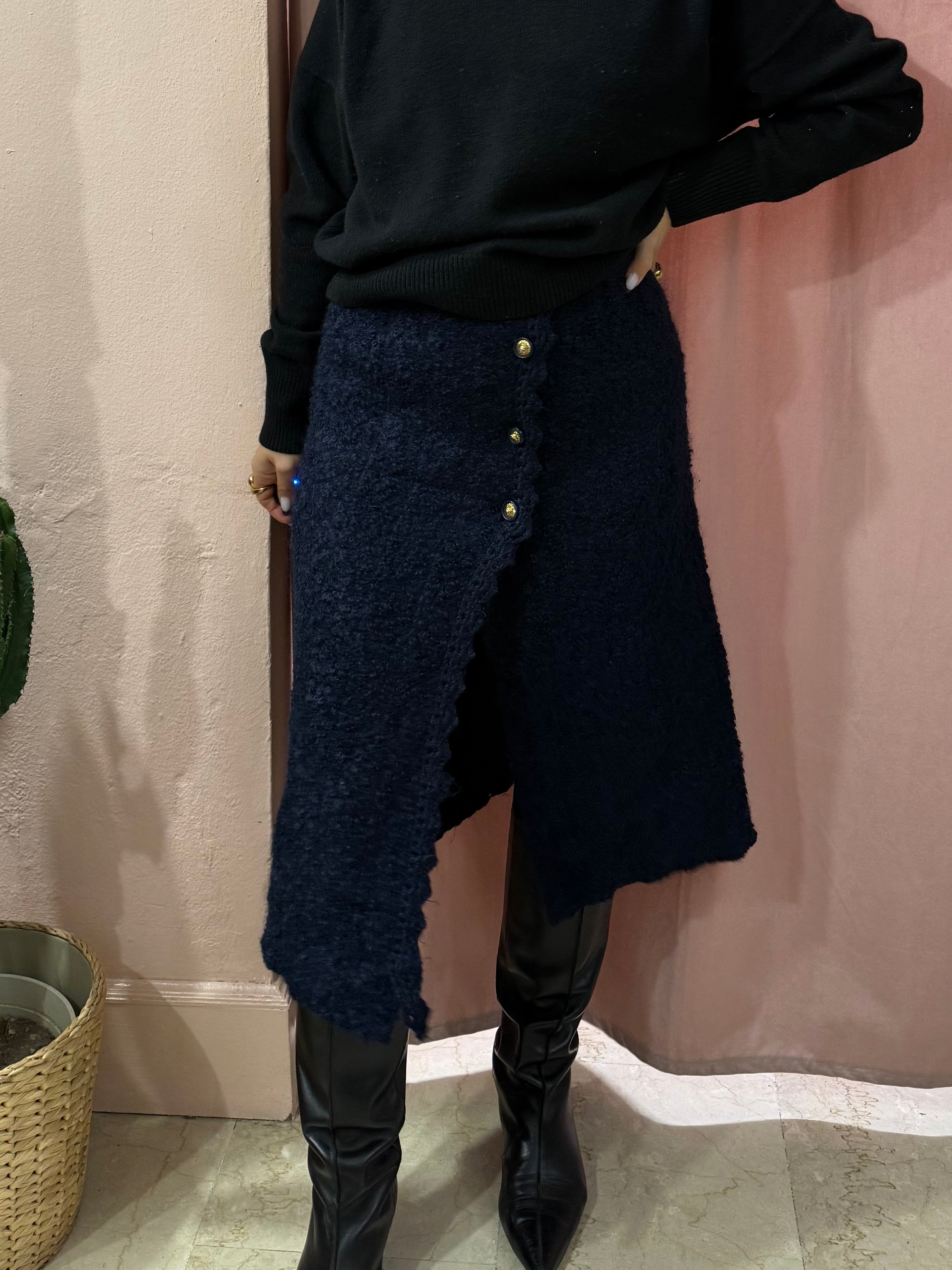 Gonna longuette blu in lana bouclé