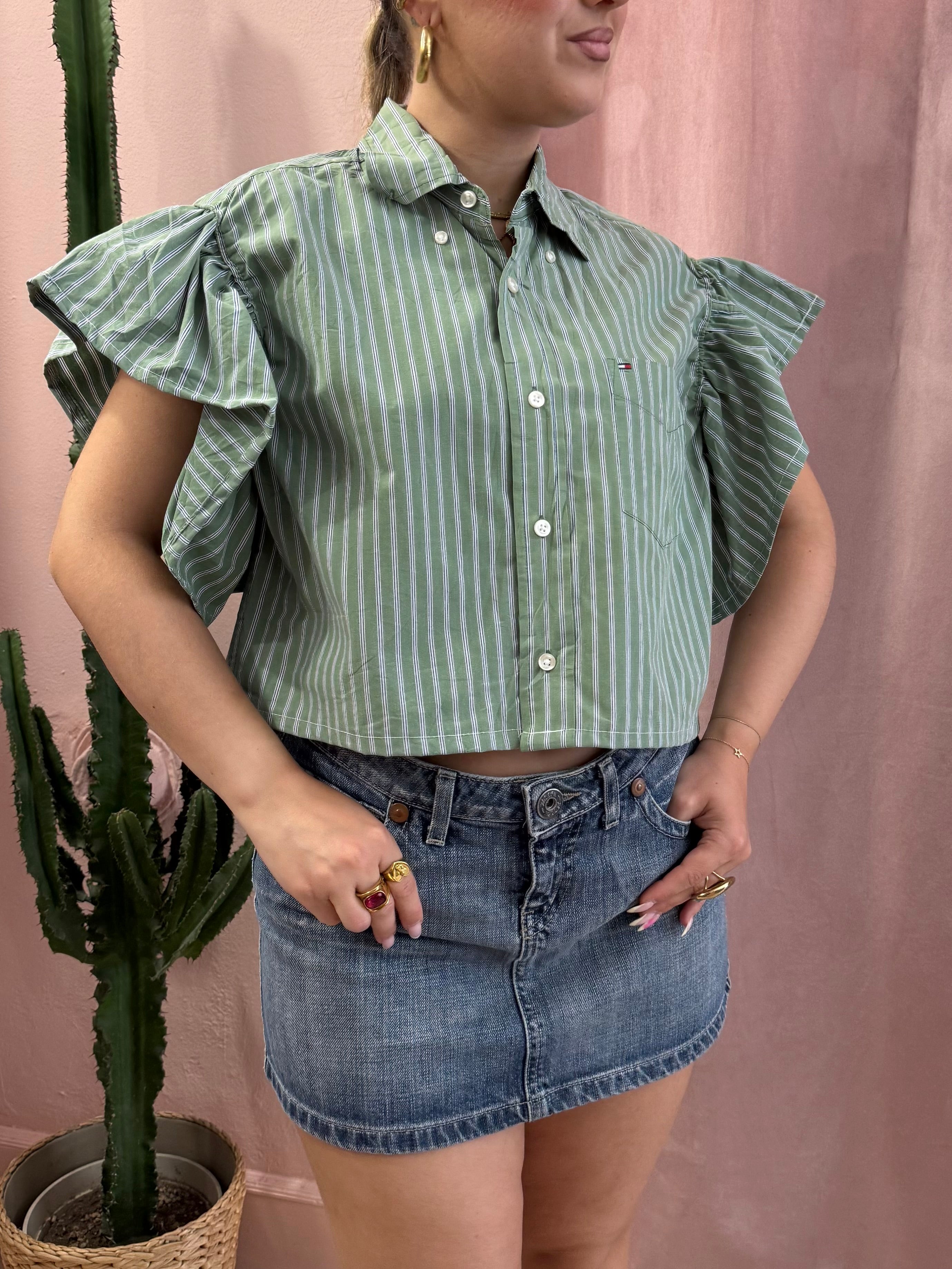 Camicia Tommy H. upcycling volant righe verde